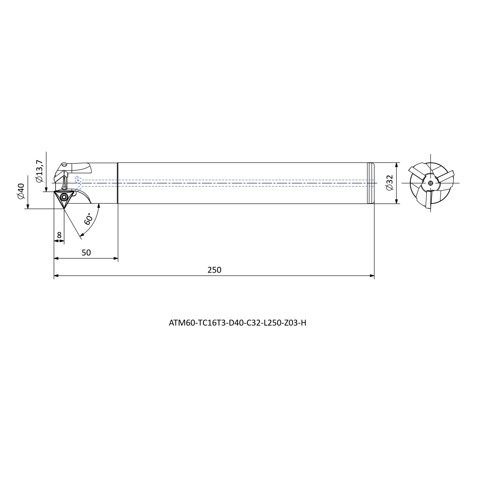 ATM60-TC16T3-D40-C32-L250-Z03-H &mdash; dimensioned drawing