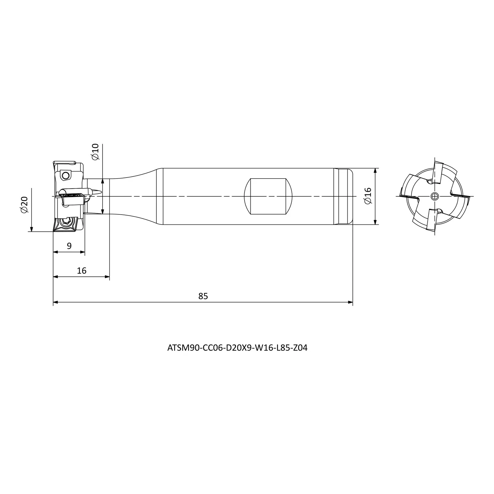 ATSM90-CC06-D20X9-W16-L85-Z04 &mdash; dimensioned drawing