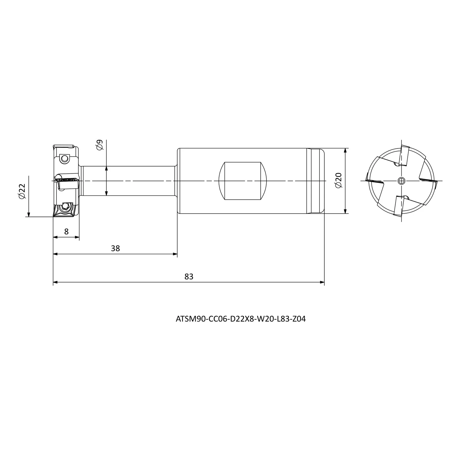 ATSM90-CC06-D22X8-W20-L83-Z04 &mdash; dimensioned drawing