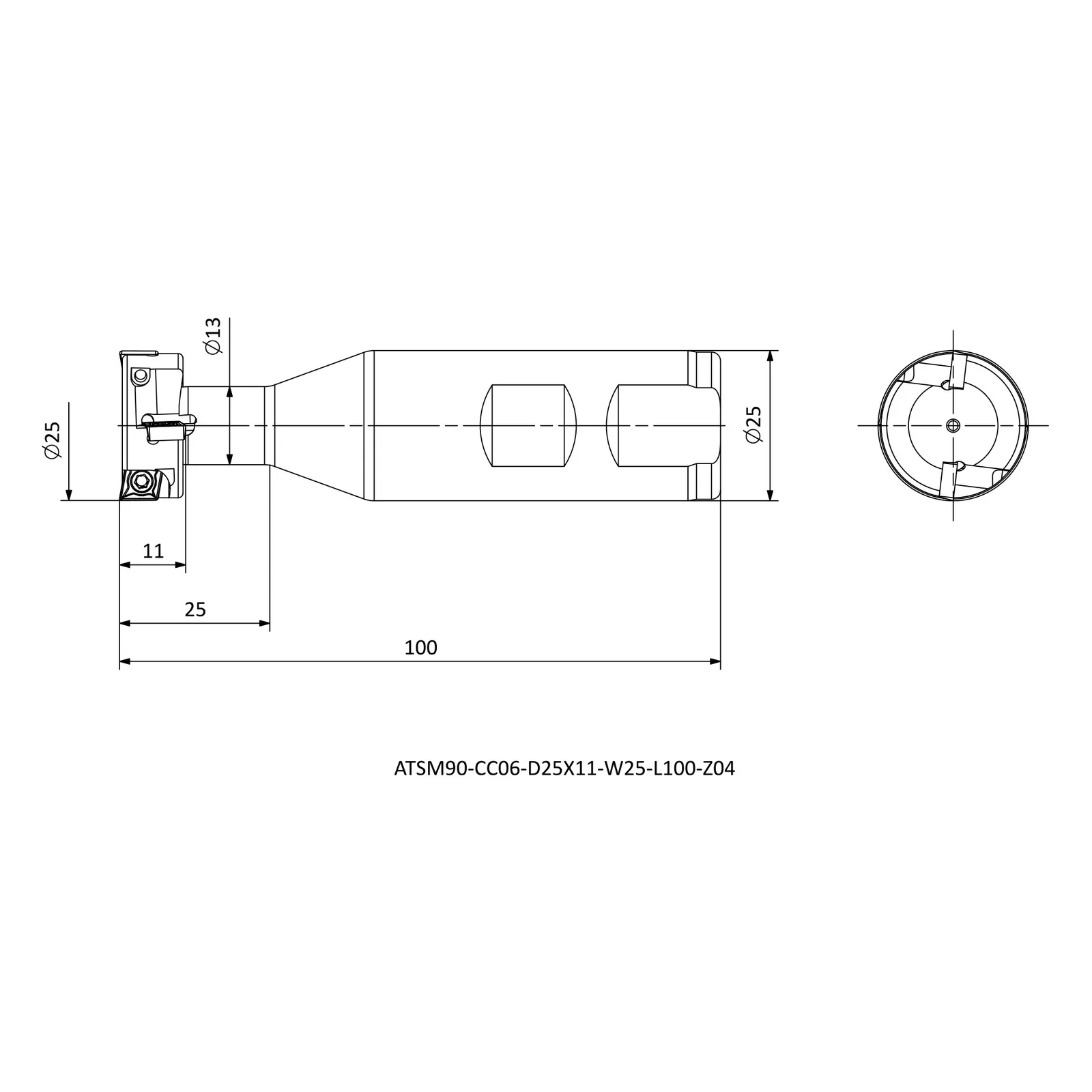 ATSM90-CC06-D25X11-W25-L100-Z04 &mdash; dimensioned drawing