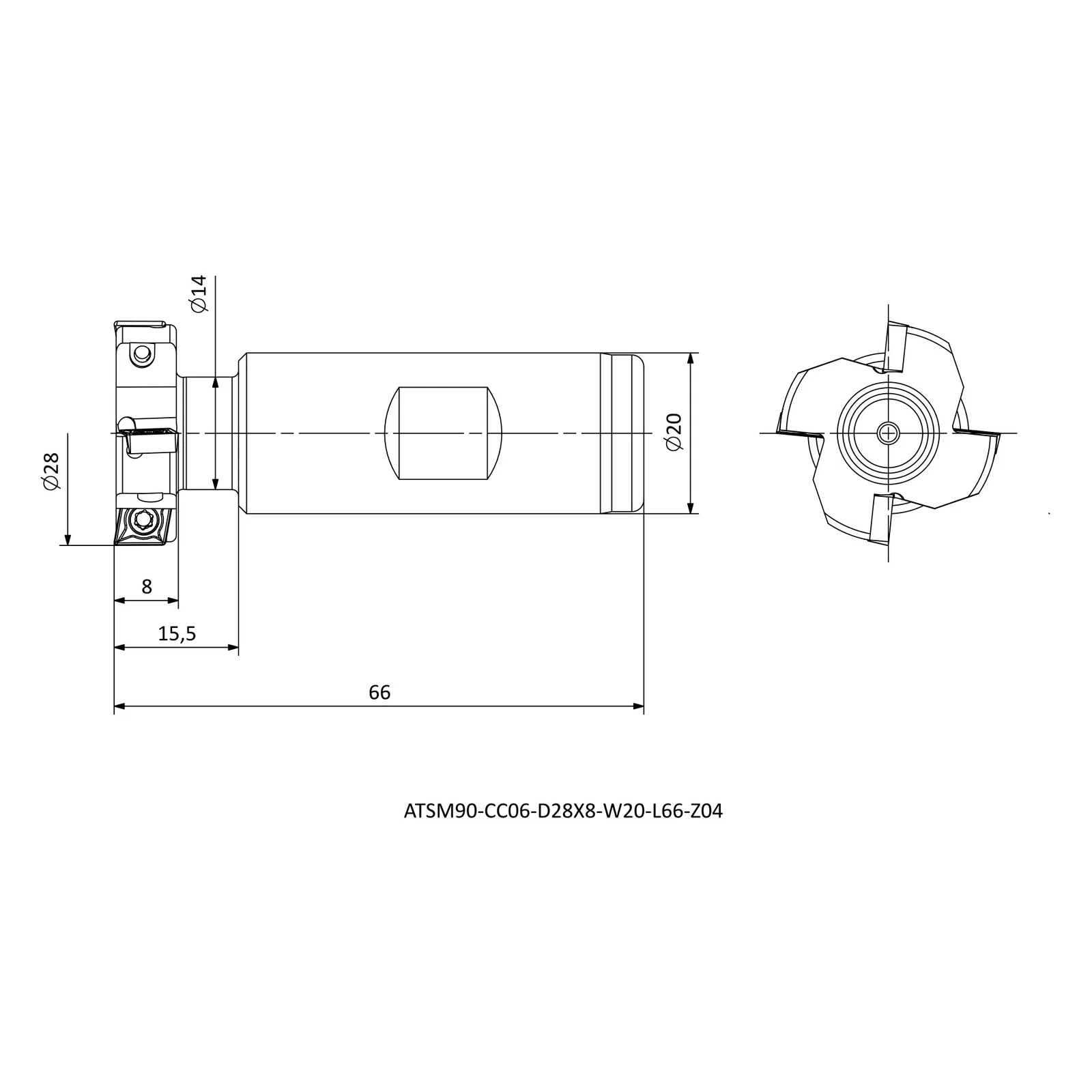 ATSM90-CC06-D28X8-W20-L66-Z04 &mdash; dimensioned drawing