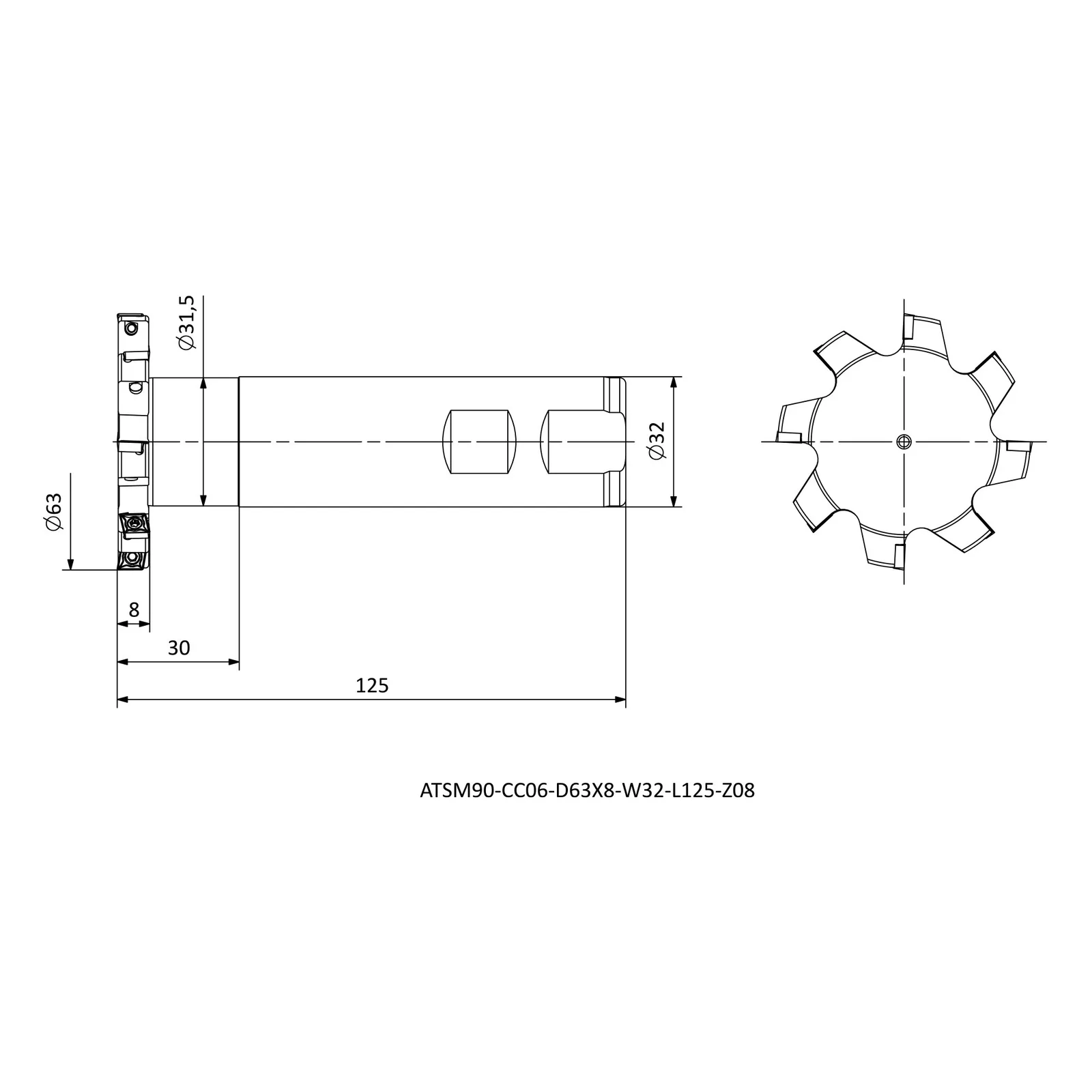 ATSM90-CC06-D63X8-W32-L125-Z08 &mdash; dimensioned drawing