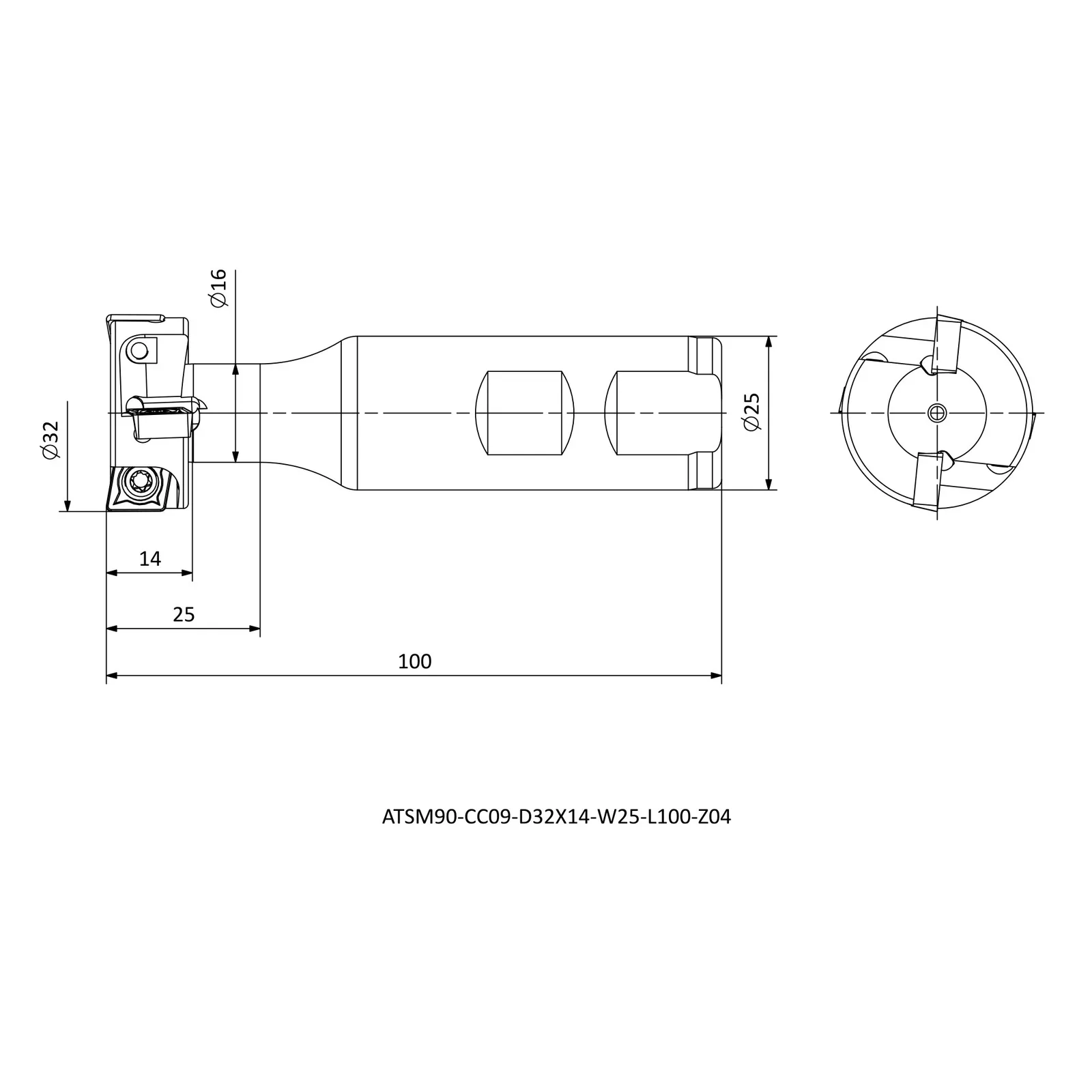 ATSM90-CC09-D32X14-W25-L100-Z04 &mdash; dimensioned drawing
