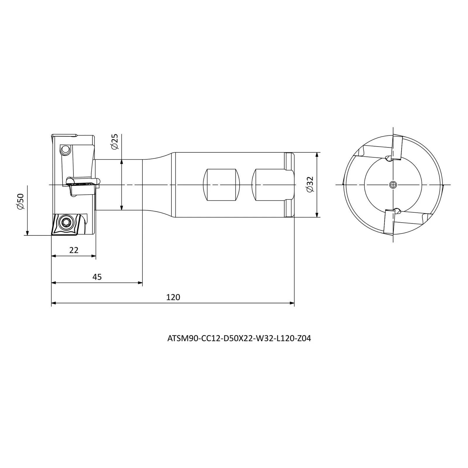 ATSM90-CC12-D50X22-W32-L120-Z04 &mdash; dimensioned drawing