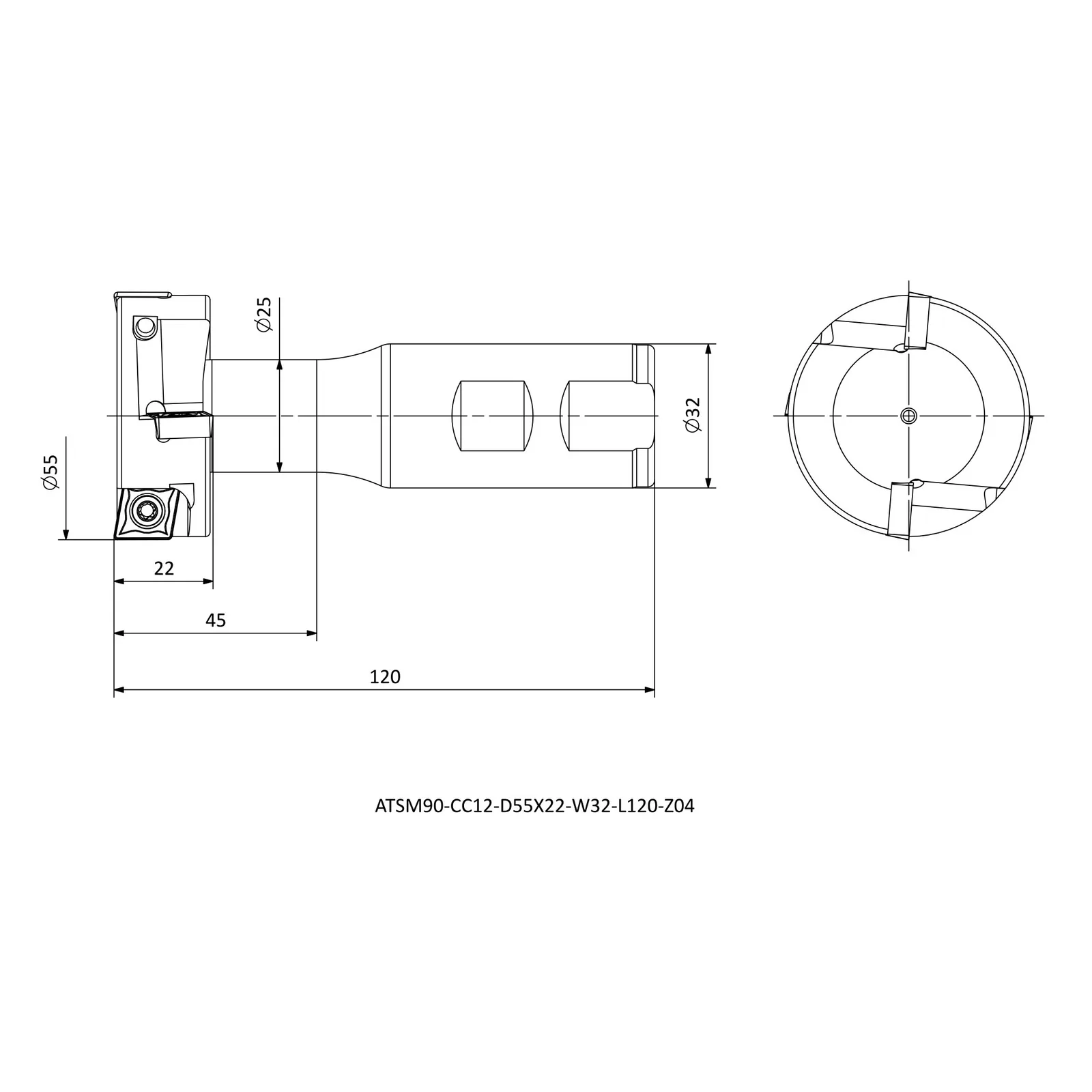 ATSM90-CC12-D55X22-W32-L120-Z04 &mdash; dimensioned drawing