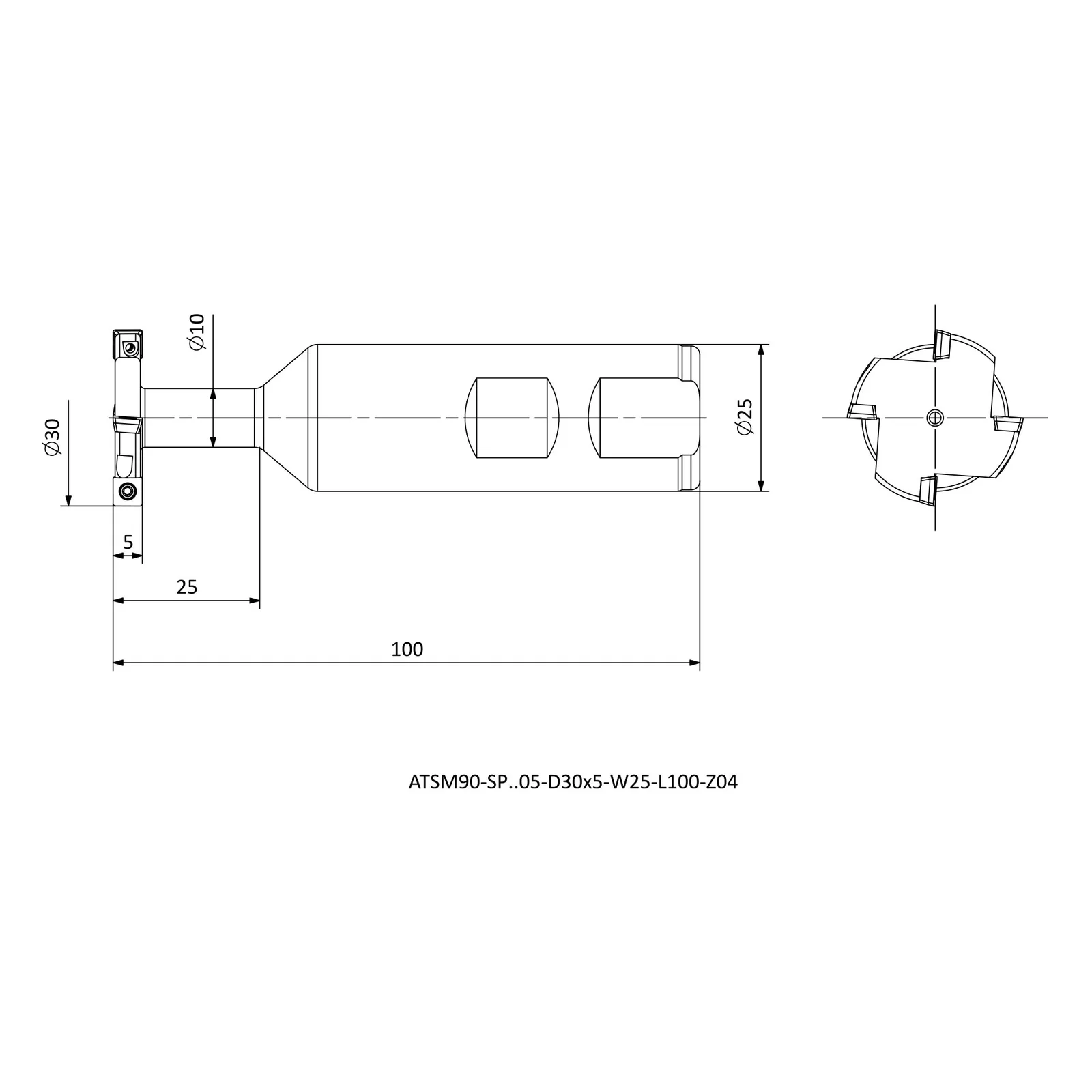 ATSM90-SP..05-D30X5-W25-L100-Z04 &mdash; dimensioned drawing