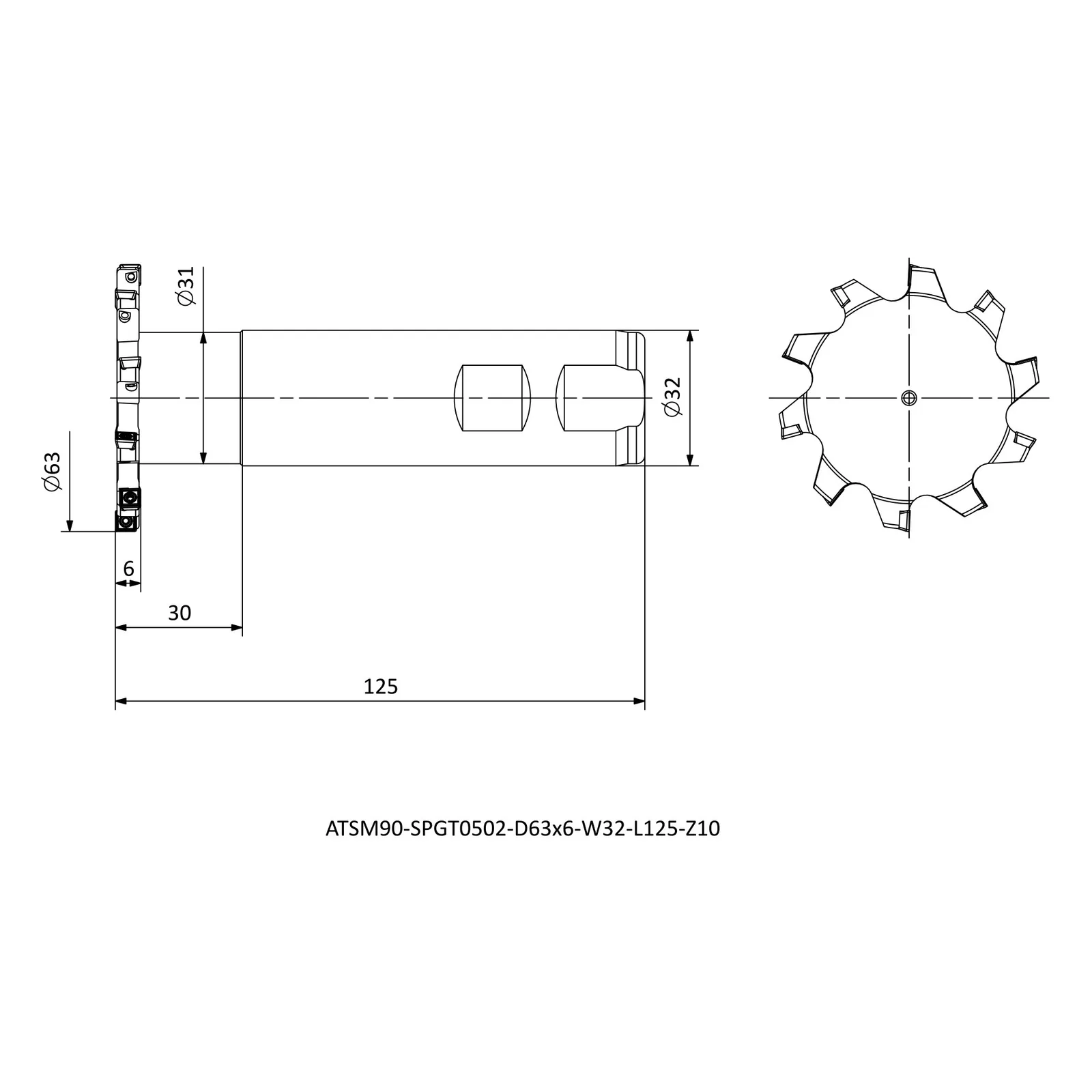 ATSM90-SPGT0502-D63X6-W32-L125-Z10 &mdash; dimensioned drawing