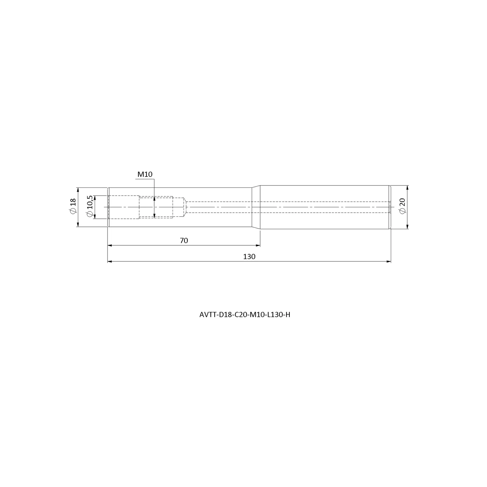 AVTT-D18-C20-M10-L130-H &mdash; dimensioned drawing
