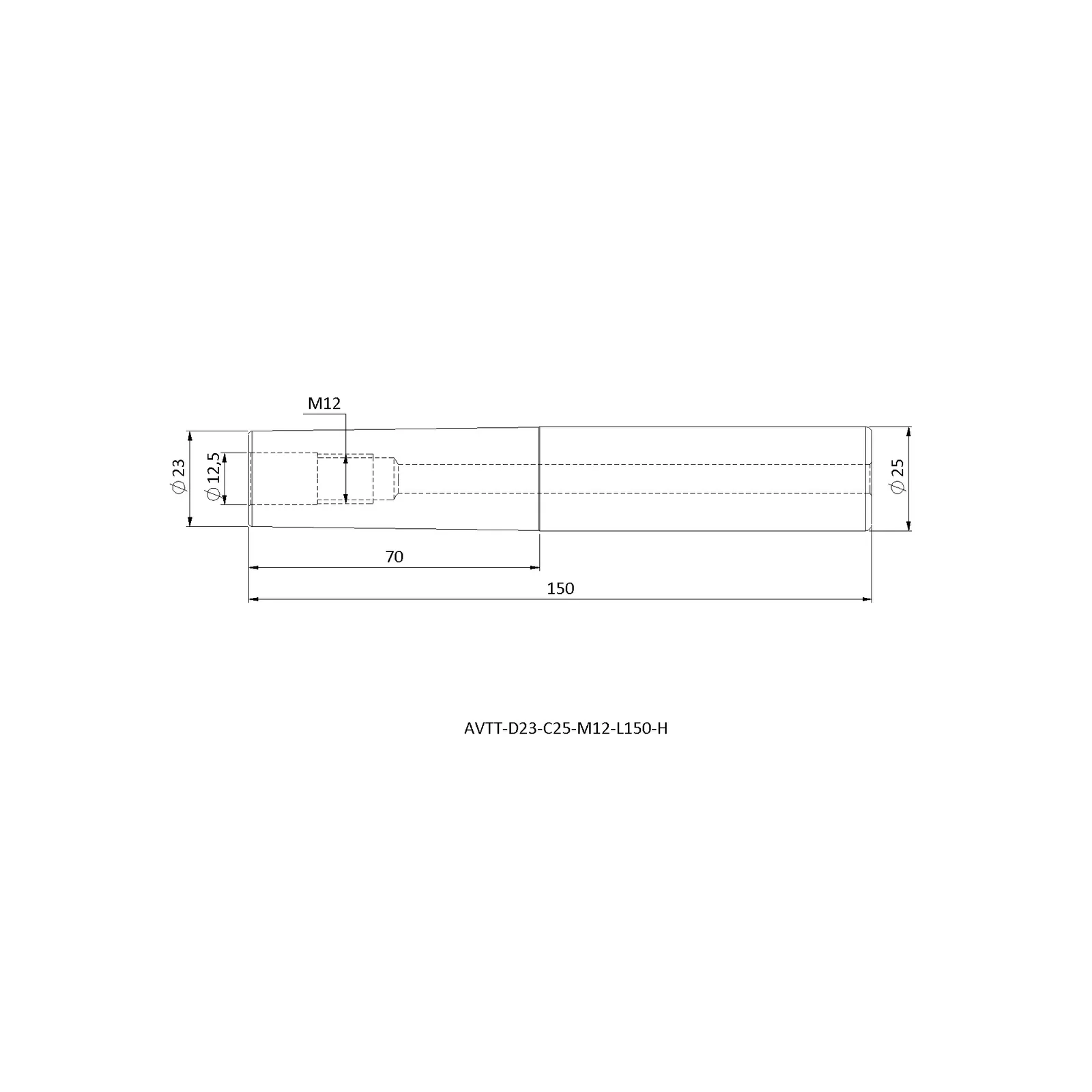 AVTT-D23-C25-M12-L150-H &mdash; dimensioned drawing