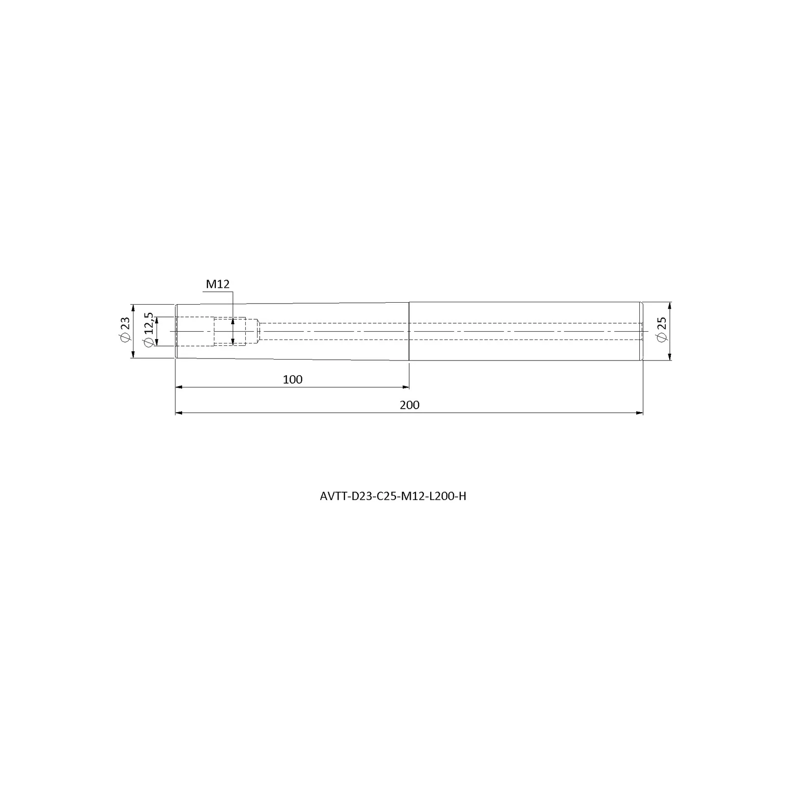 AVTT-D23-C25-M12-L200-H &mdash; dimensioned drawing