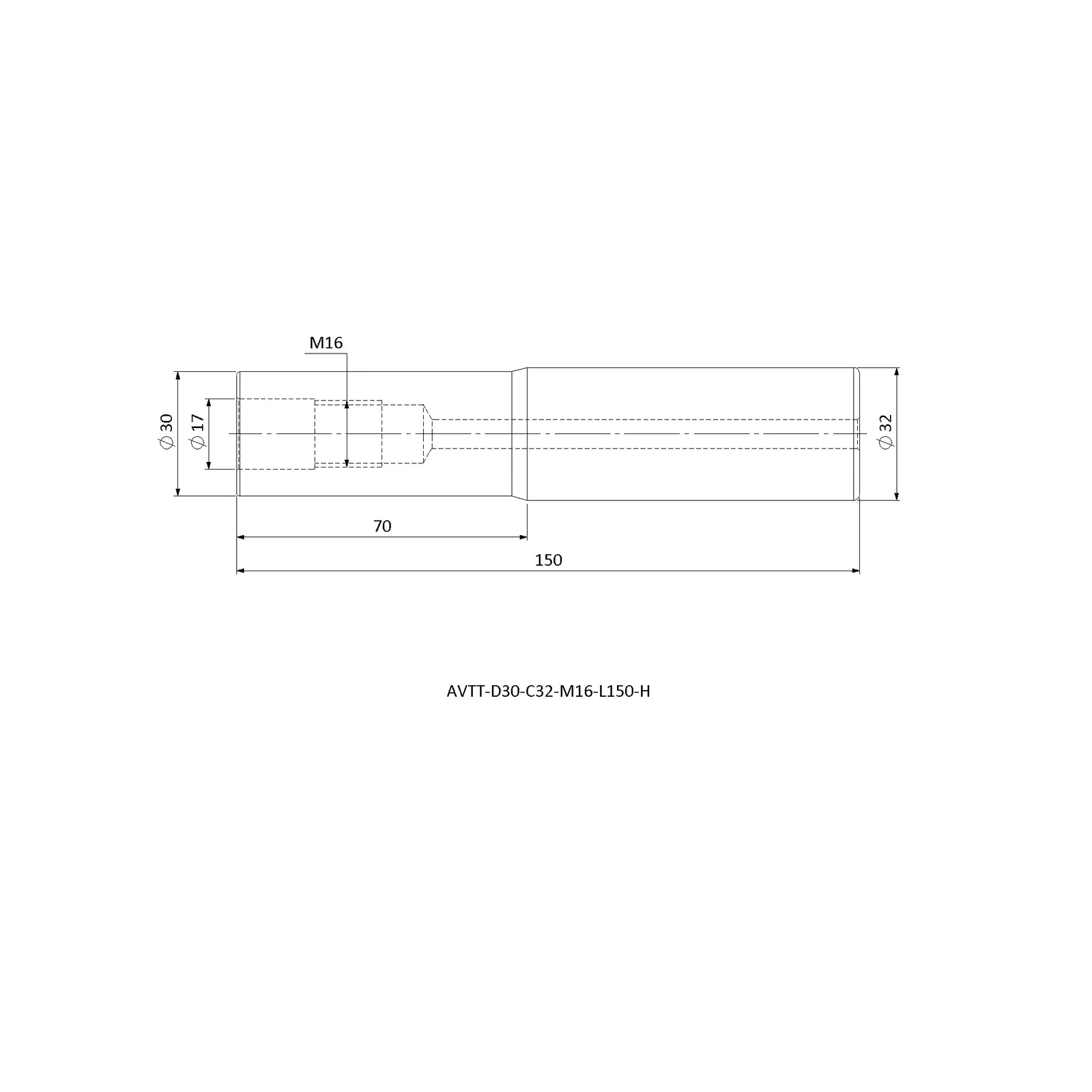 AVTT-D30-C32-M16-L150-H &mdash; dimensioned drawing