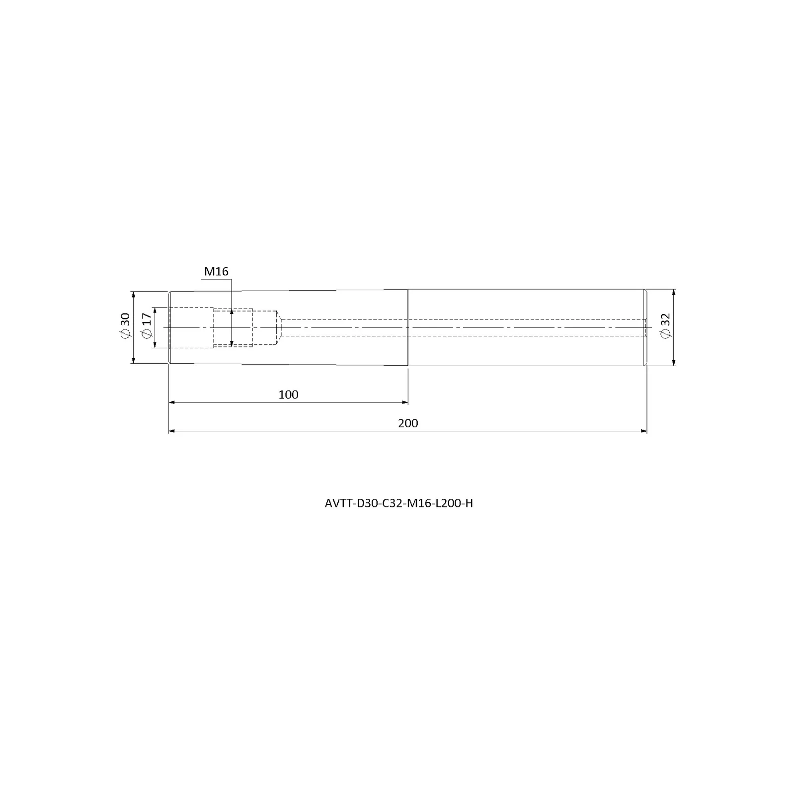 AVTT-D30-C32-M16-L200-H &mdash; dimensioned drawing