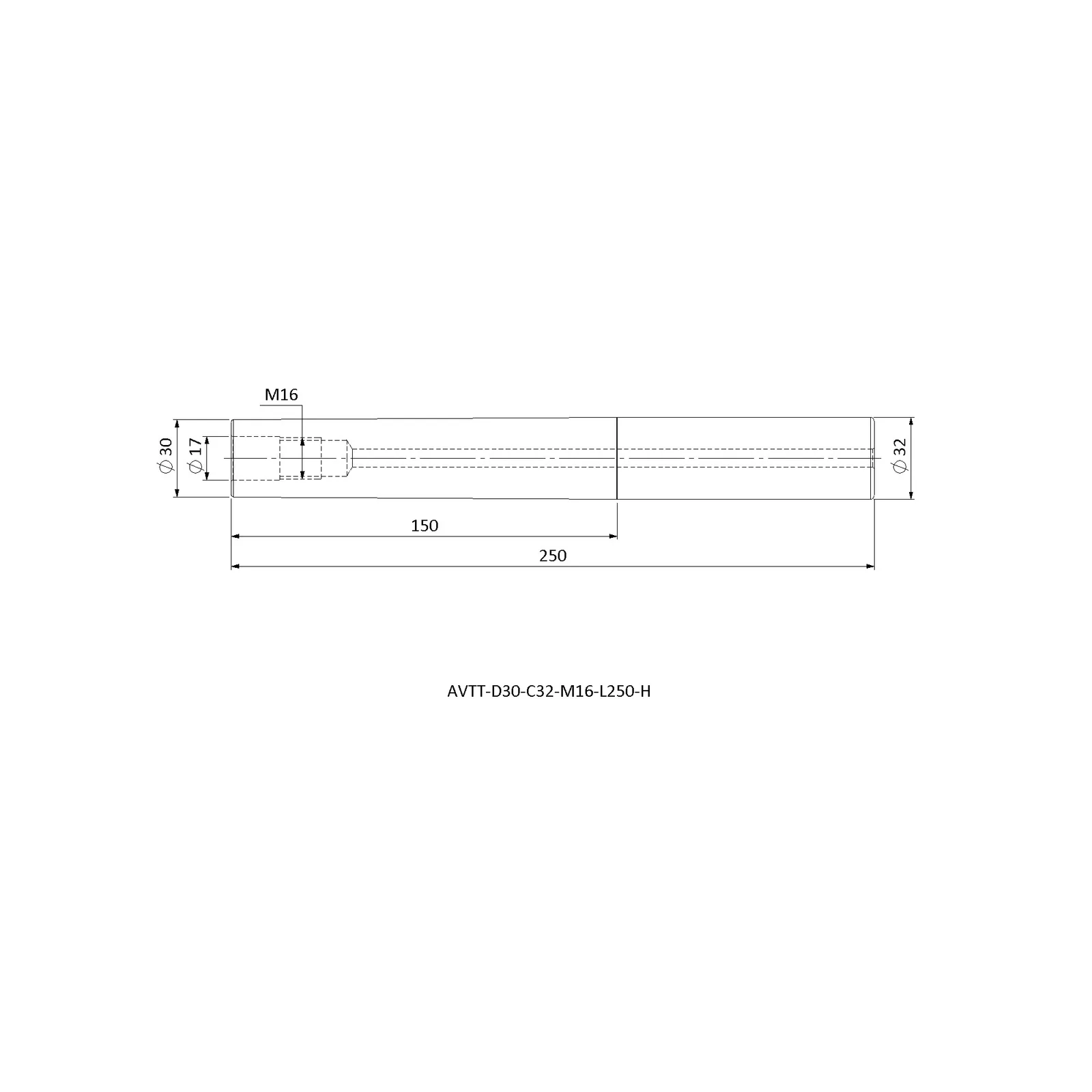 AVTT-D30-C32-M16-L250-H &mdash; dimensioned drawing
