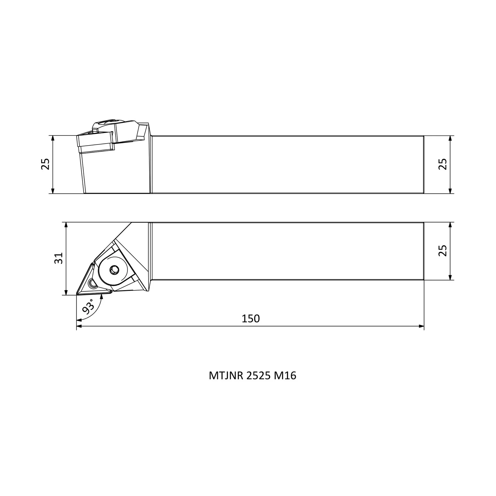 MTJNR 2525 M16 &mdash; dimensioned drawing