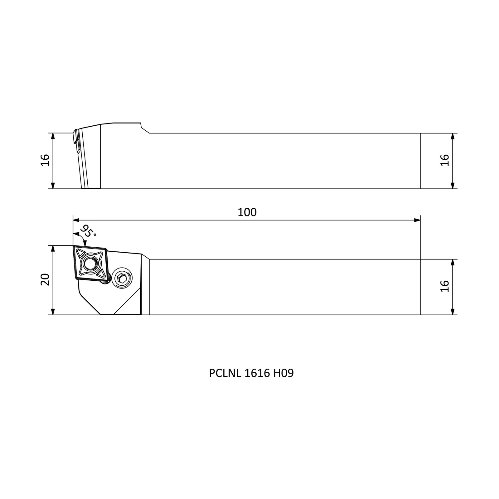 PCLNL 1616 H09 &mdash; dimensioned drawing