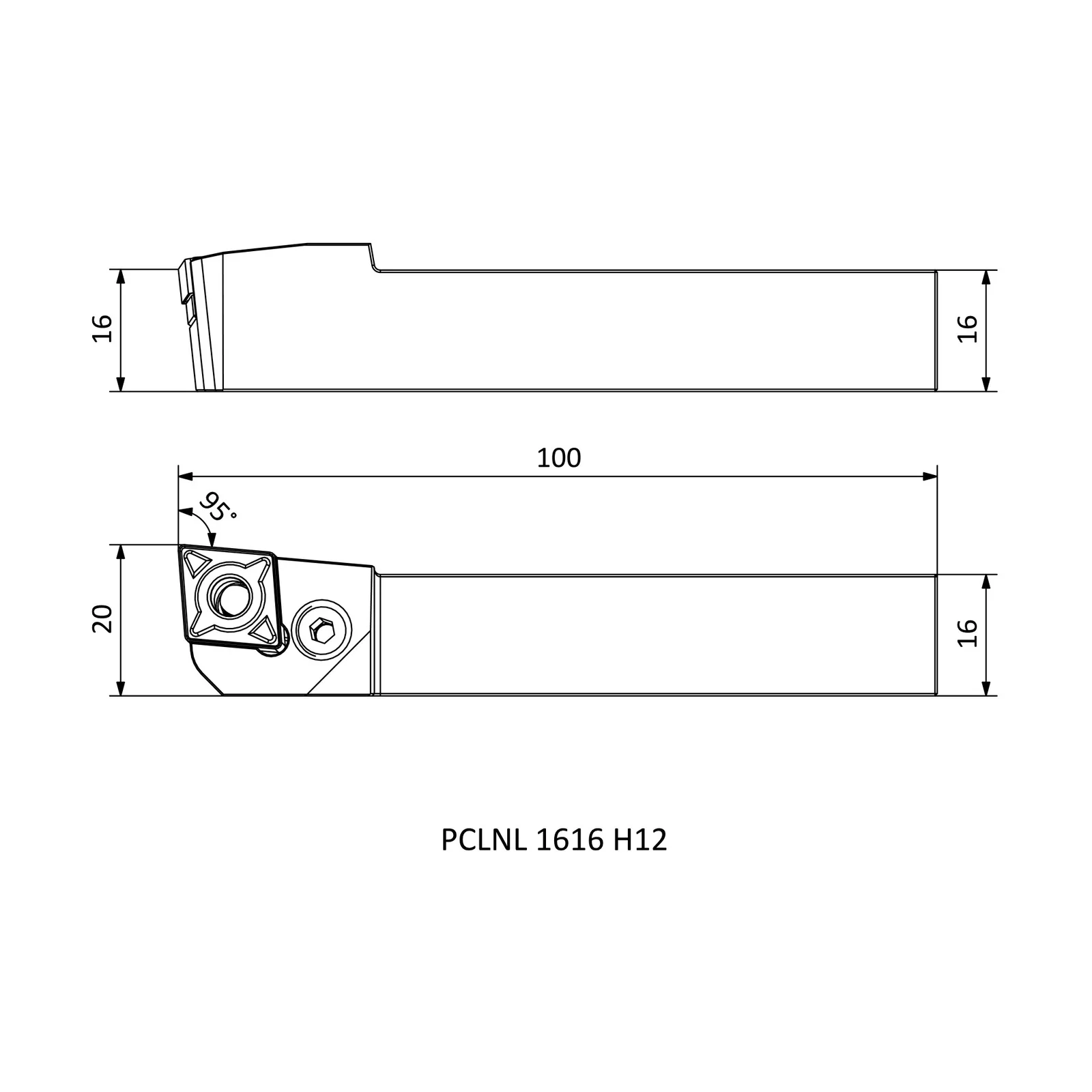 PCLNL 1616 H12 &mdash; dimensioned drawing