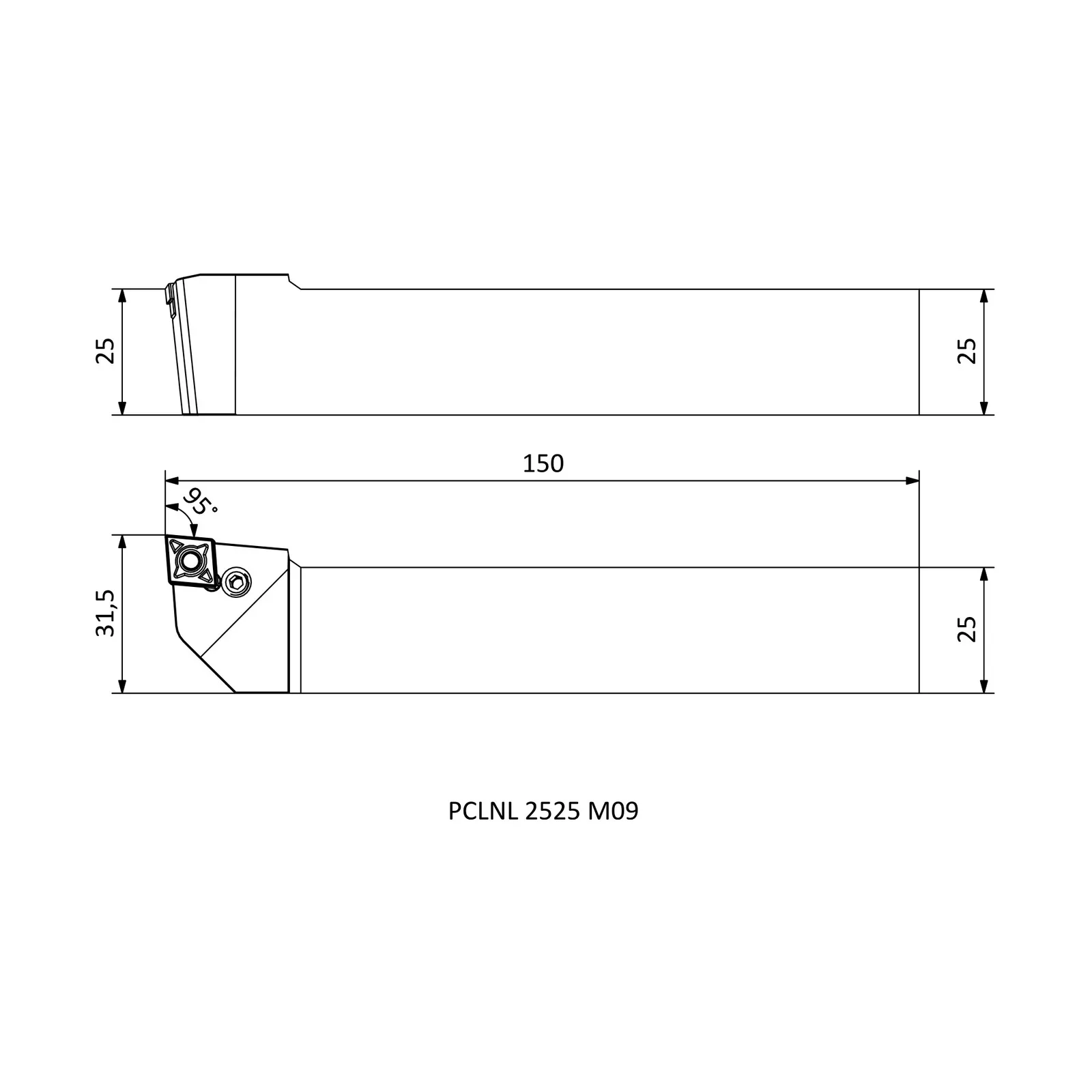 PCLNL 2525 M09 &mdash; dimensioned drawing