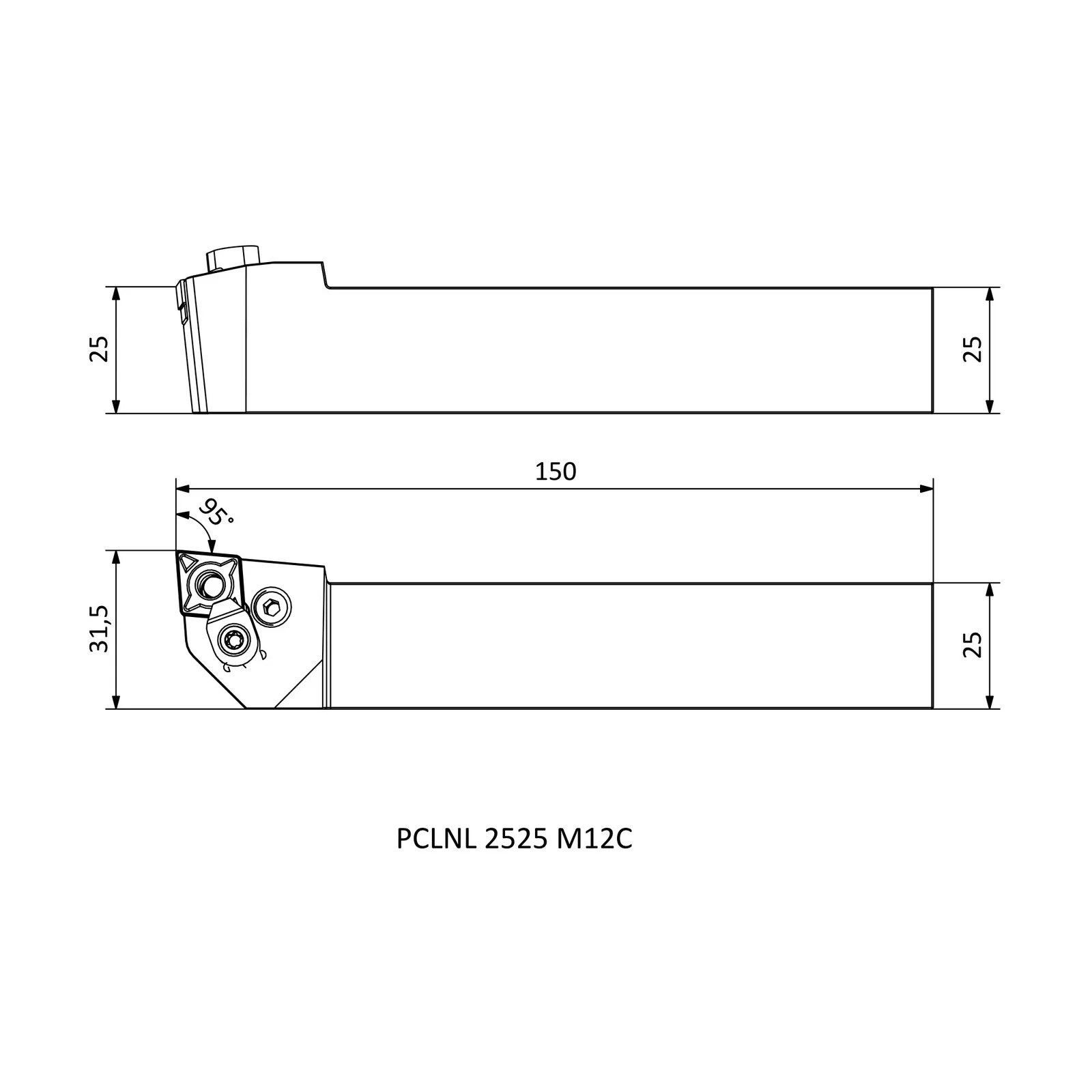 PCLNL 2525 M12C &mdash; dimensioned drawing