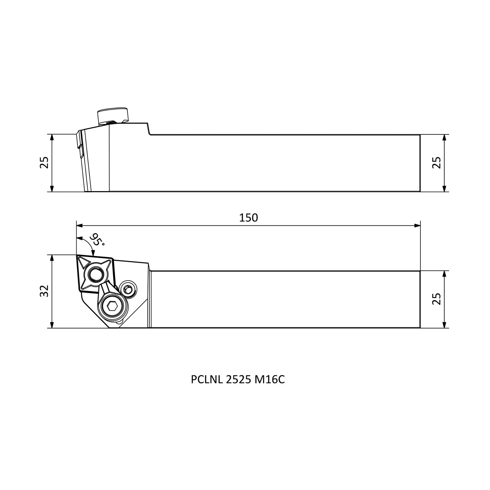 PCLNL 2525 M16C &mdash; dimensioned drawing