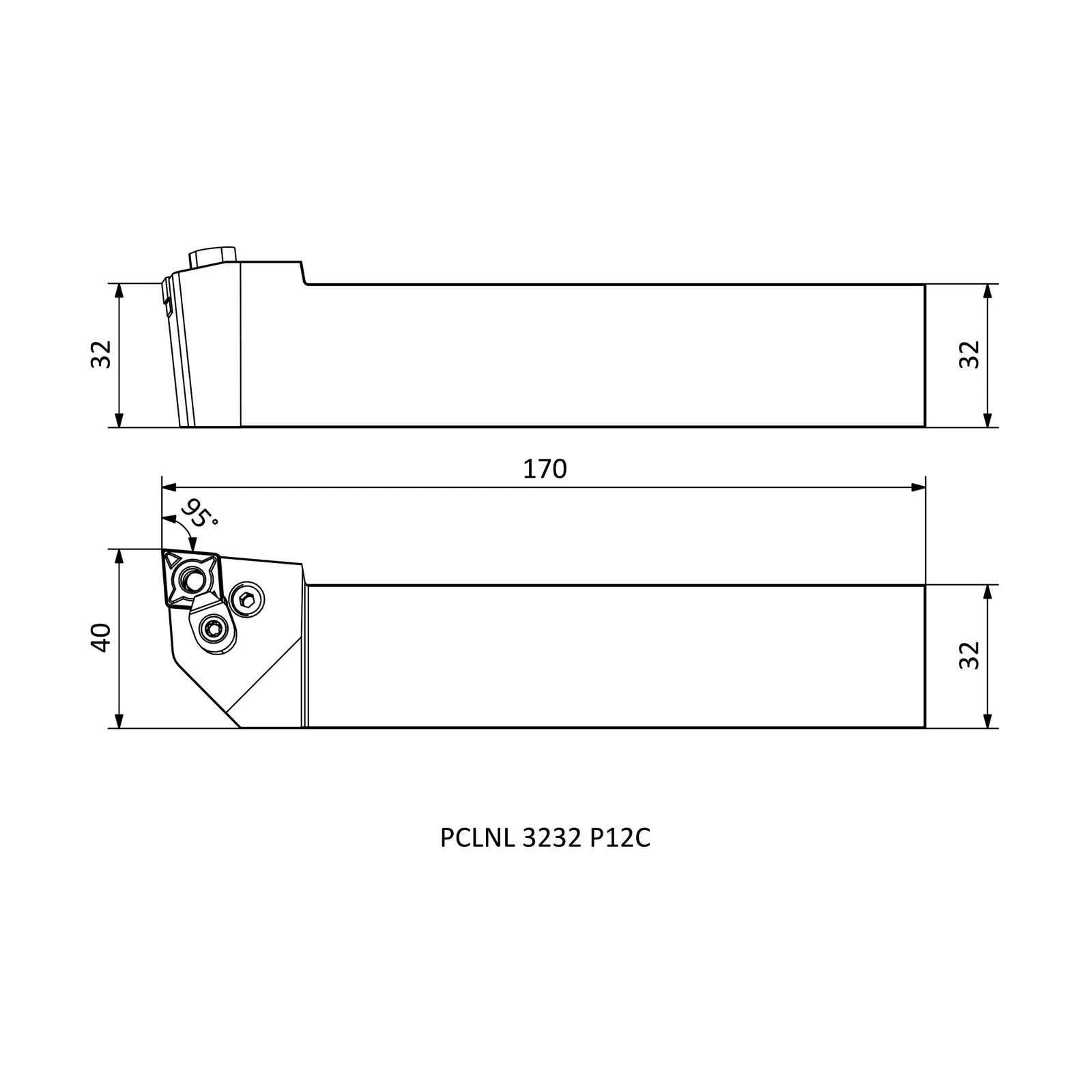 PCLNL 3232 P12C &mdash; dimensioned drawing