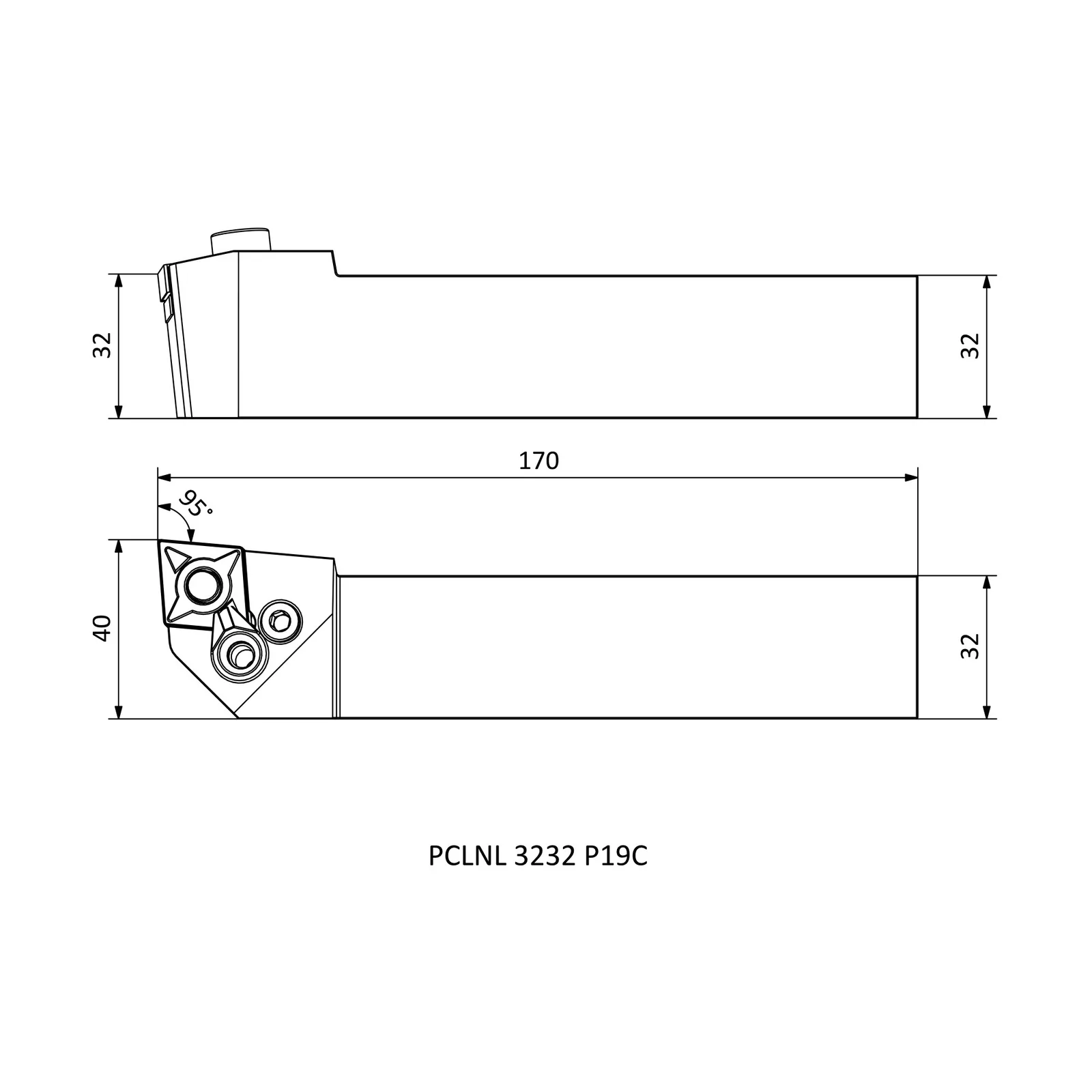 PCLNL 3232 P19C &mdash; dimensioned drawing