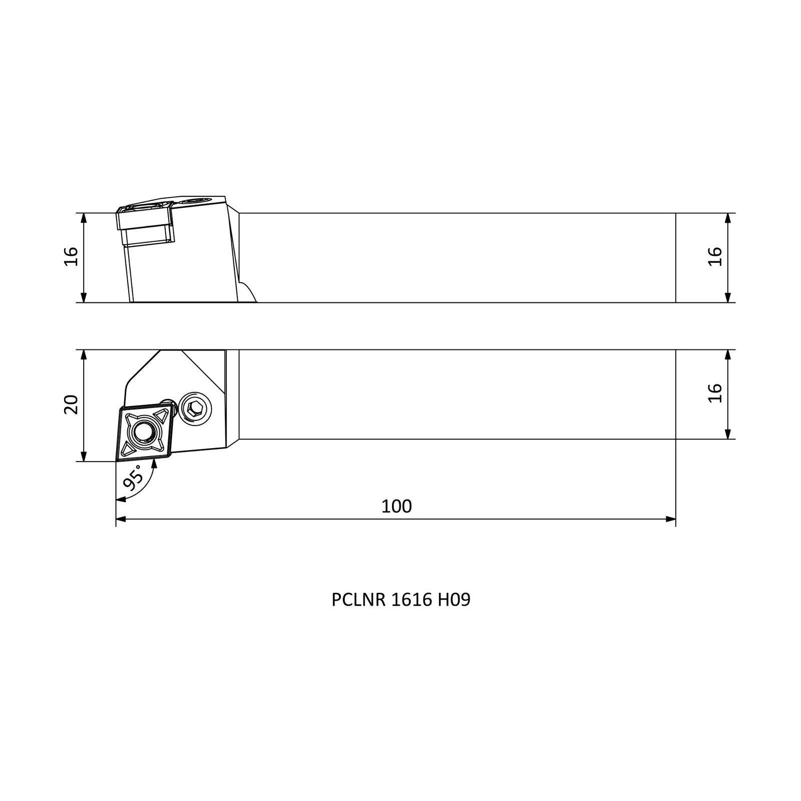 PCLNR 1616 H09 &mdash; dimensioned drawing