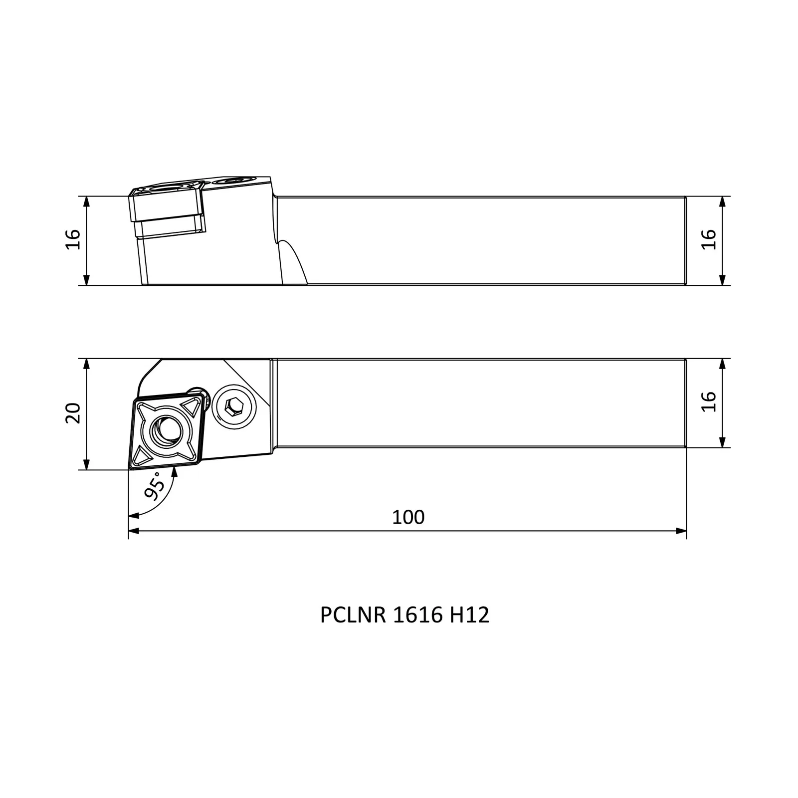PCLNR 1616 H12 &mdash; dimensioned drawing