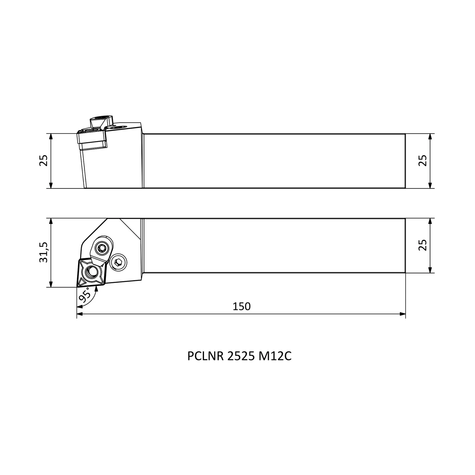 PCLNR 2525 M12C &mdash; dimensioned drawing