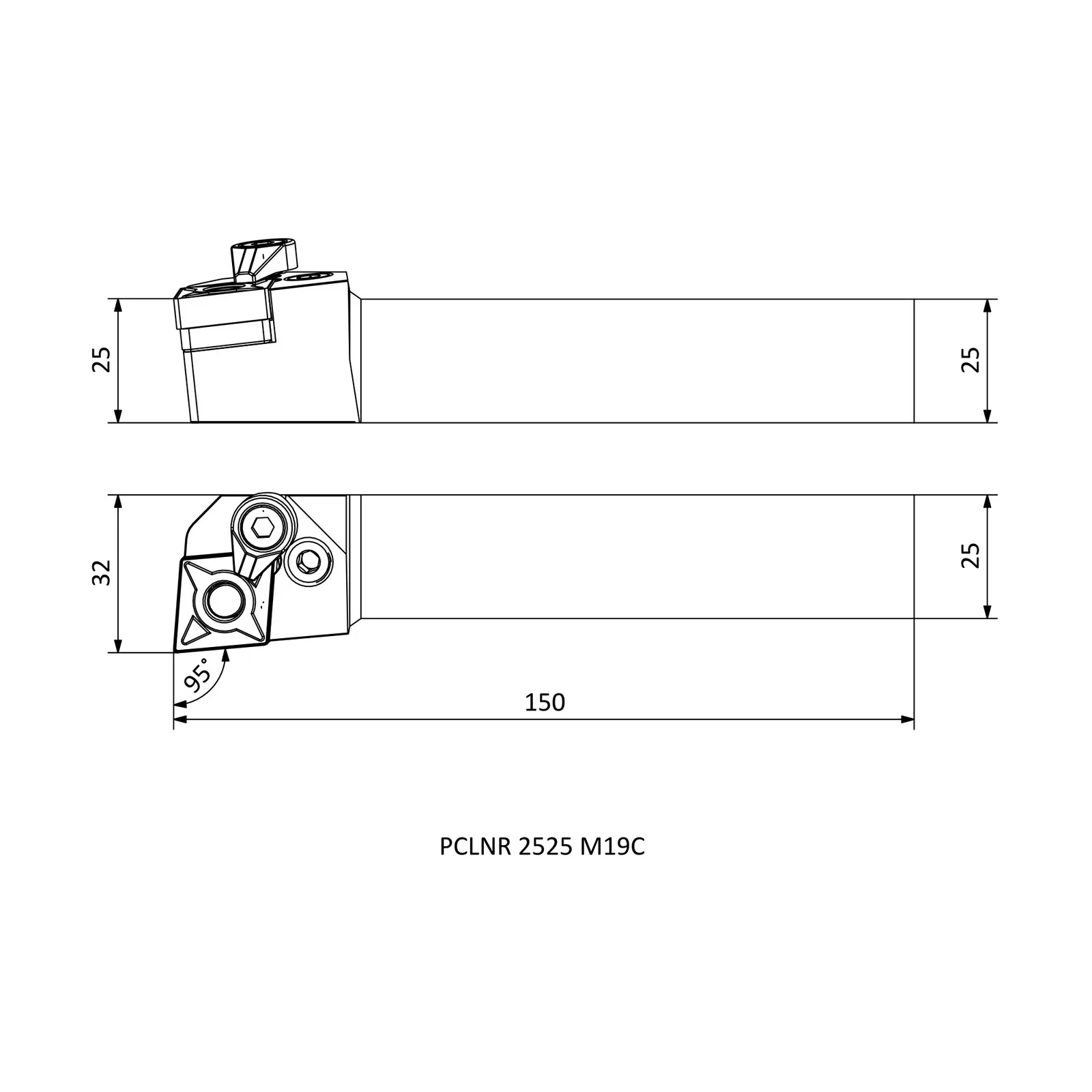 PCLNR 2525 M19C &mdash; dimensioned drawing