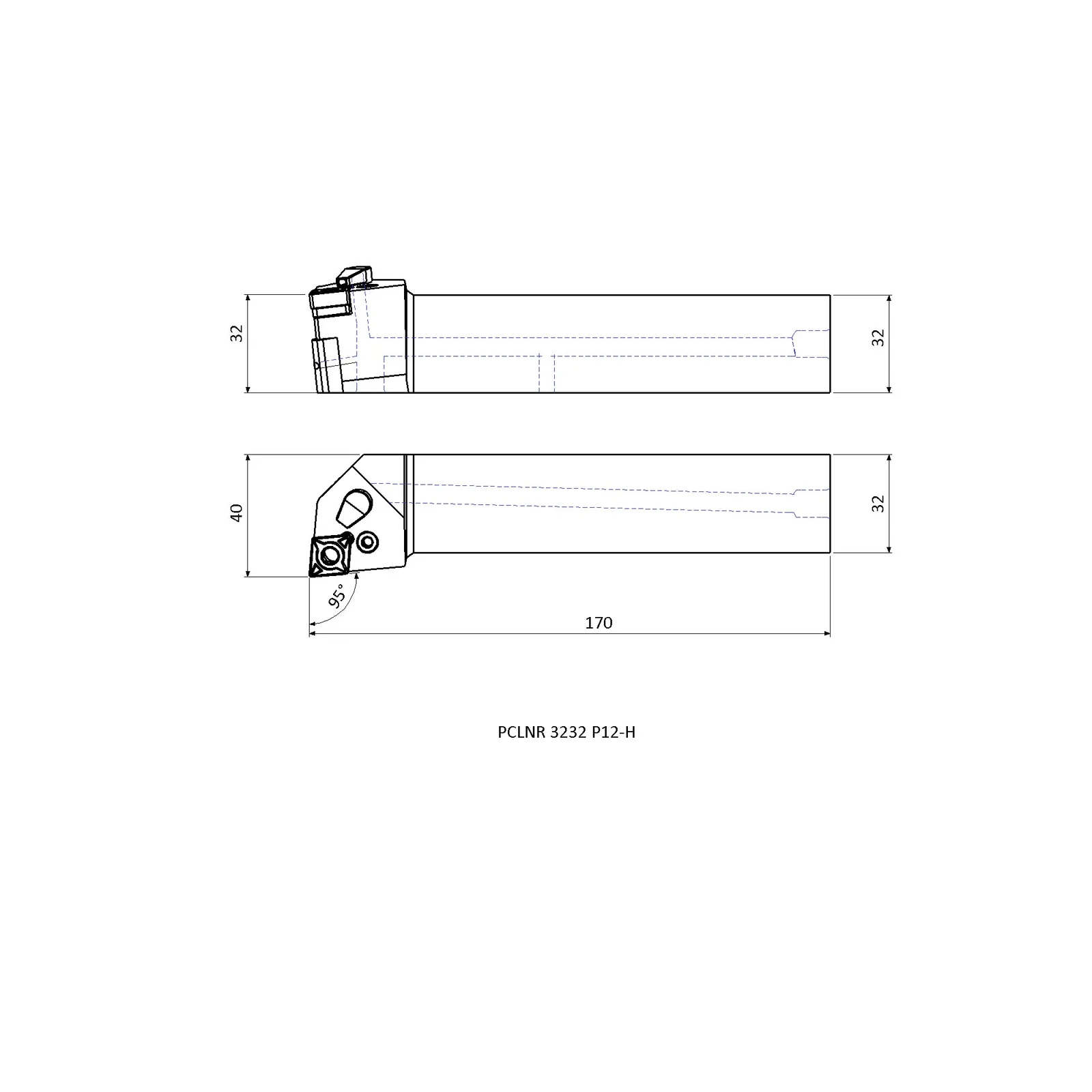 PCLNR 3232 P12-H &mdash; dimensioned drawing