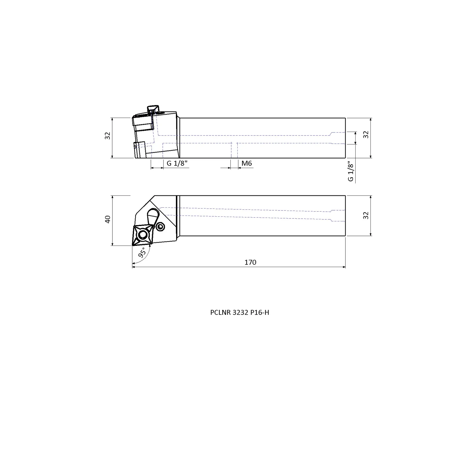 PCLNR 3232 P16-H &mdash; dimensioned drawing
