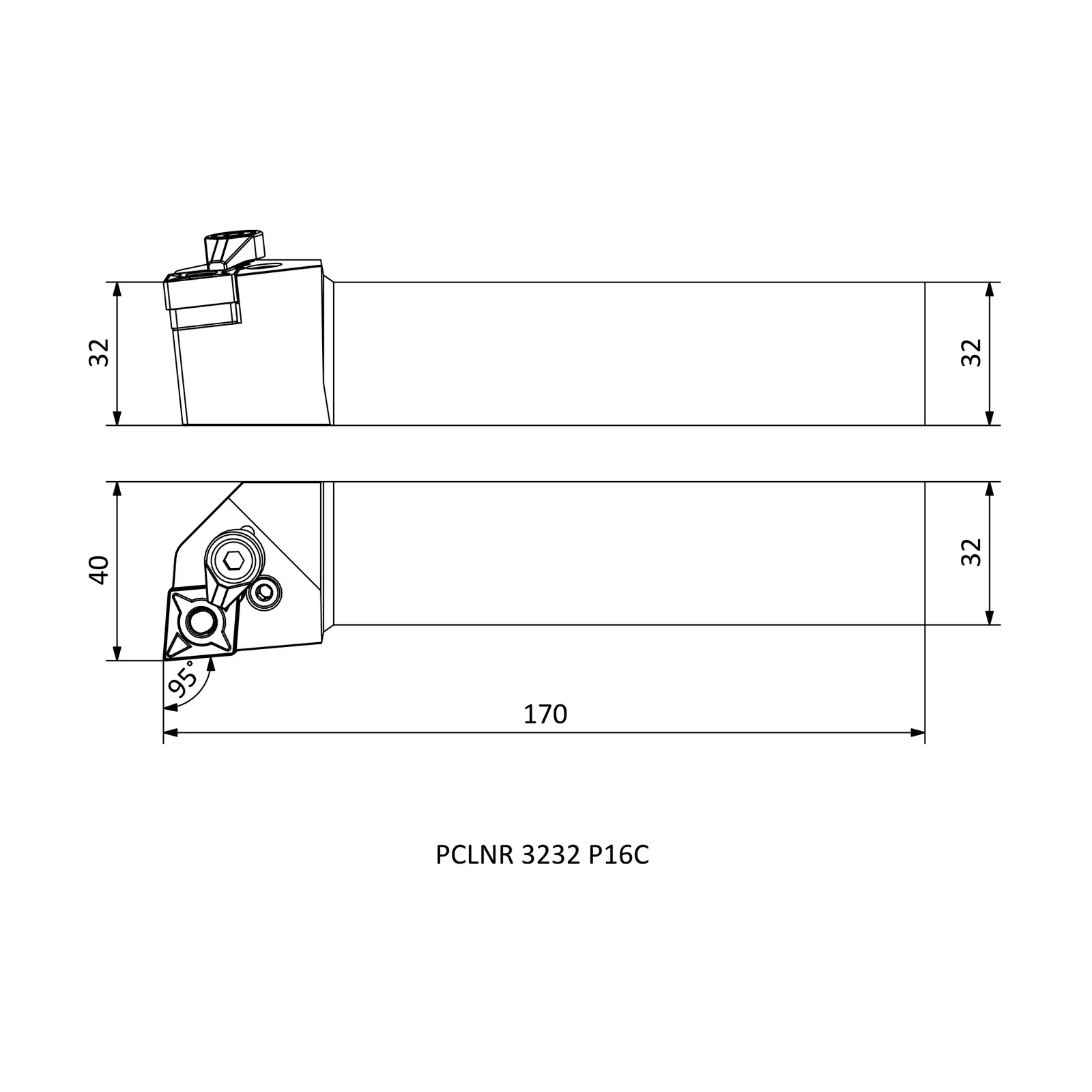 PCLNR 3232 P16C &mdash; dimensioned drawing