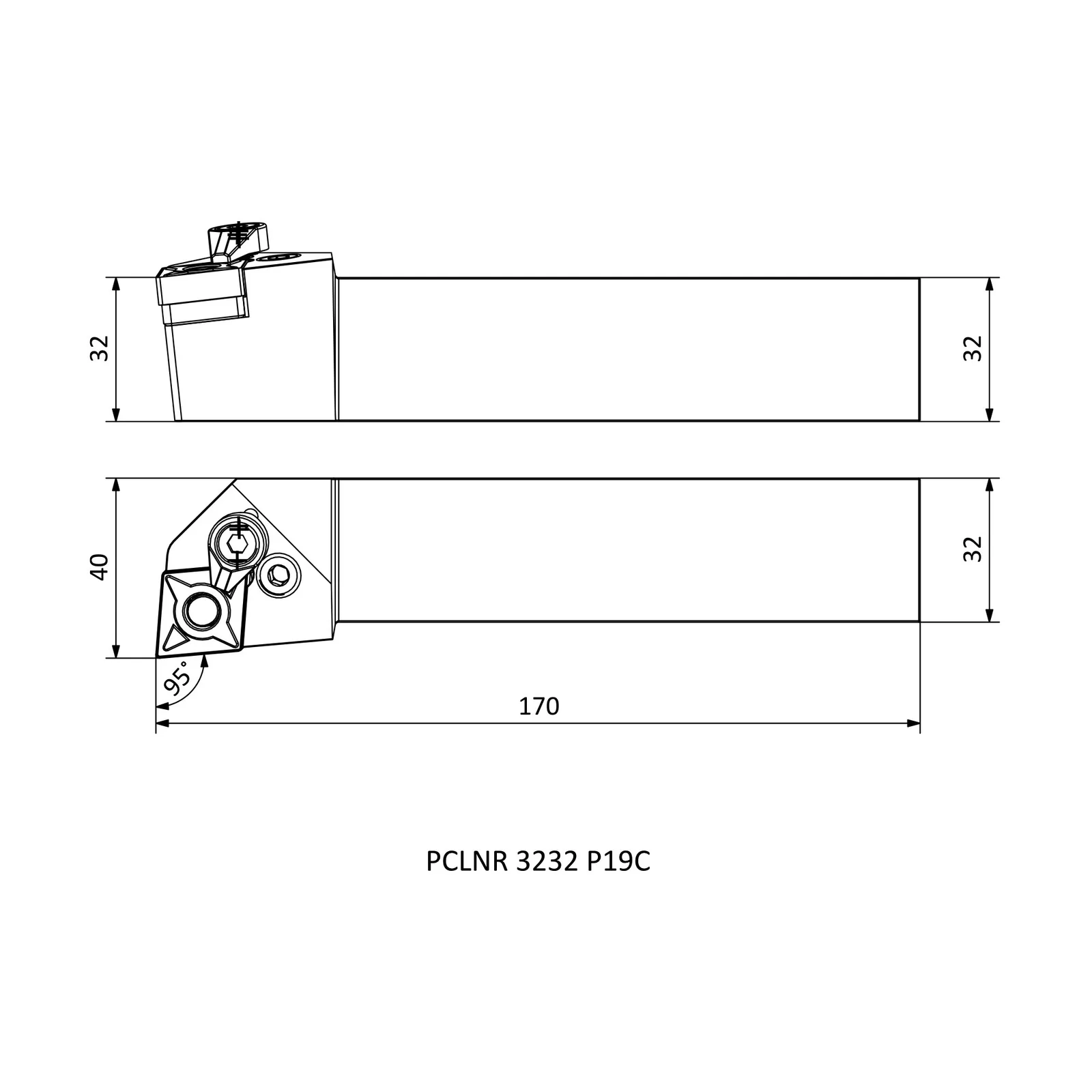PCLNR 3232 P19C &mdash; dimensioned drawing