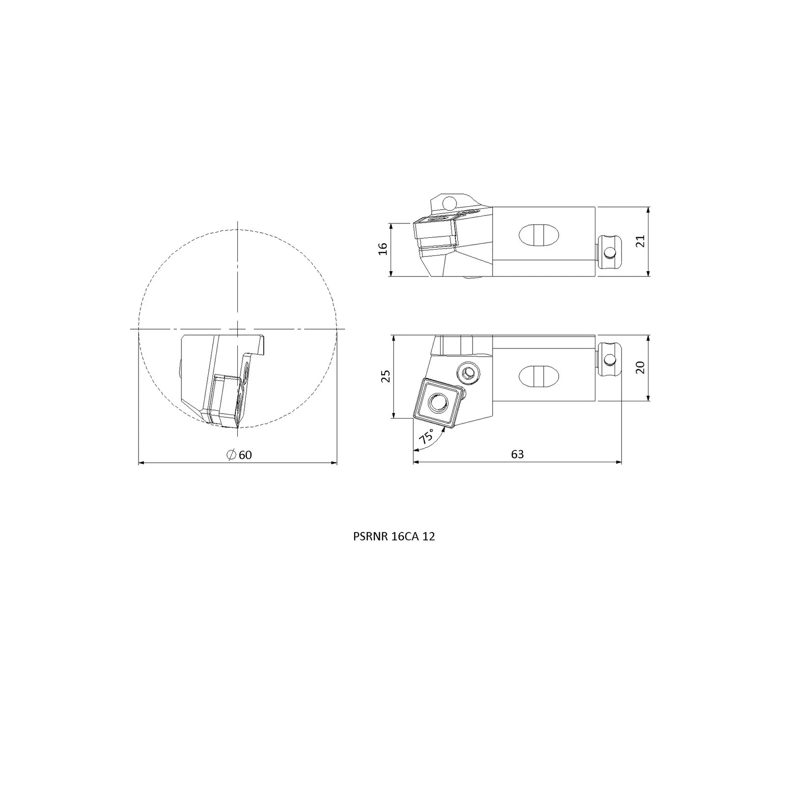 PSRNR 16CA 12 &mdash; dimensioned drawing