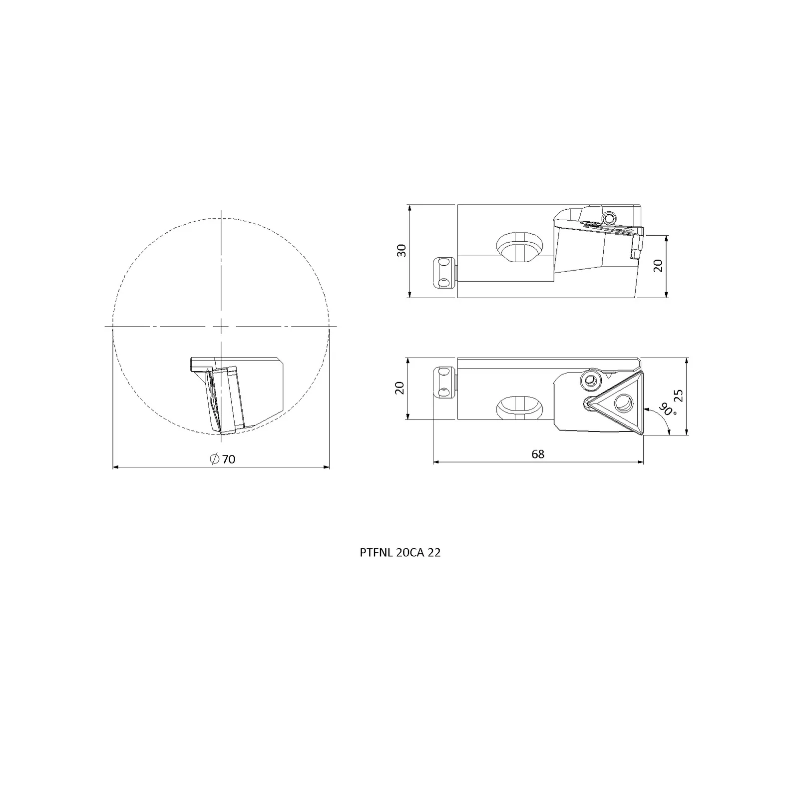 PTFNL 20CA 22 &mdash; dimensioned drawing