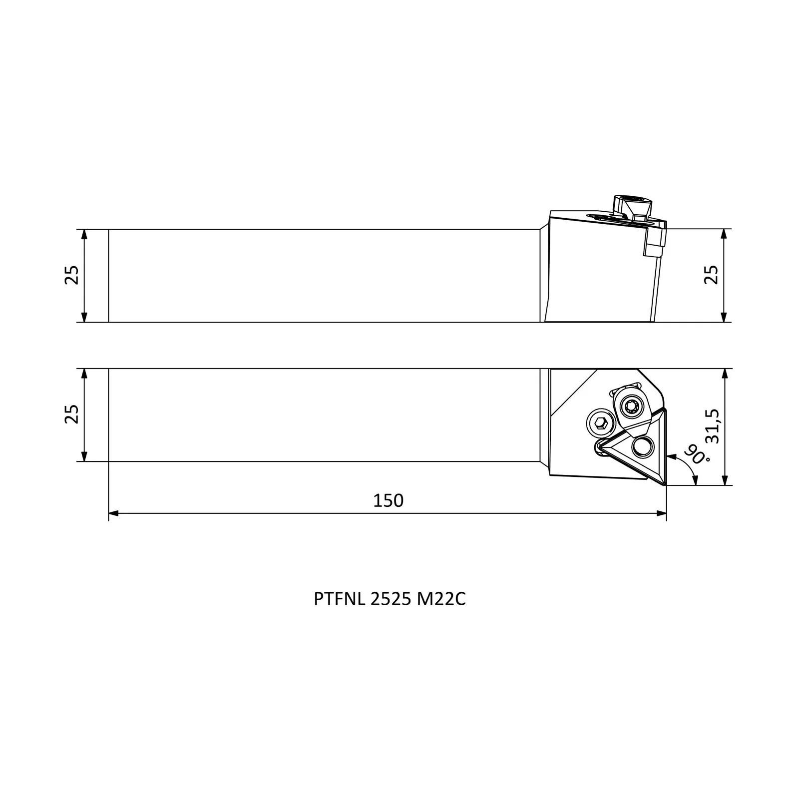 PTFNL 2525 M22C &mdash; dimensioned drawing