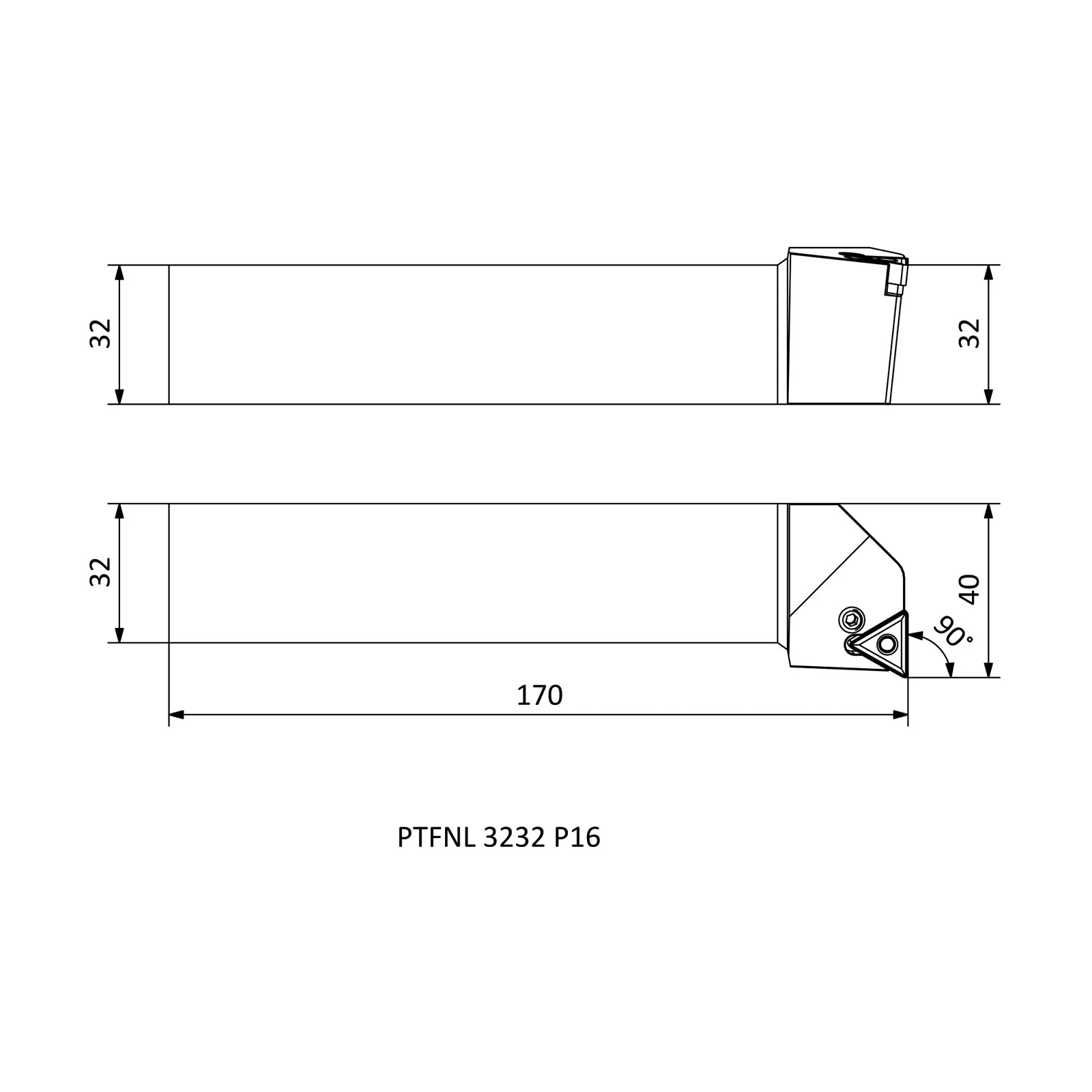 PTFNL 3232 P16 &mdash; dimensioned drawing
