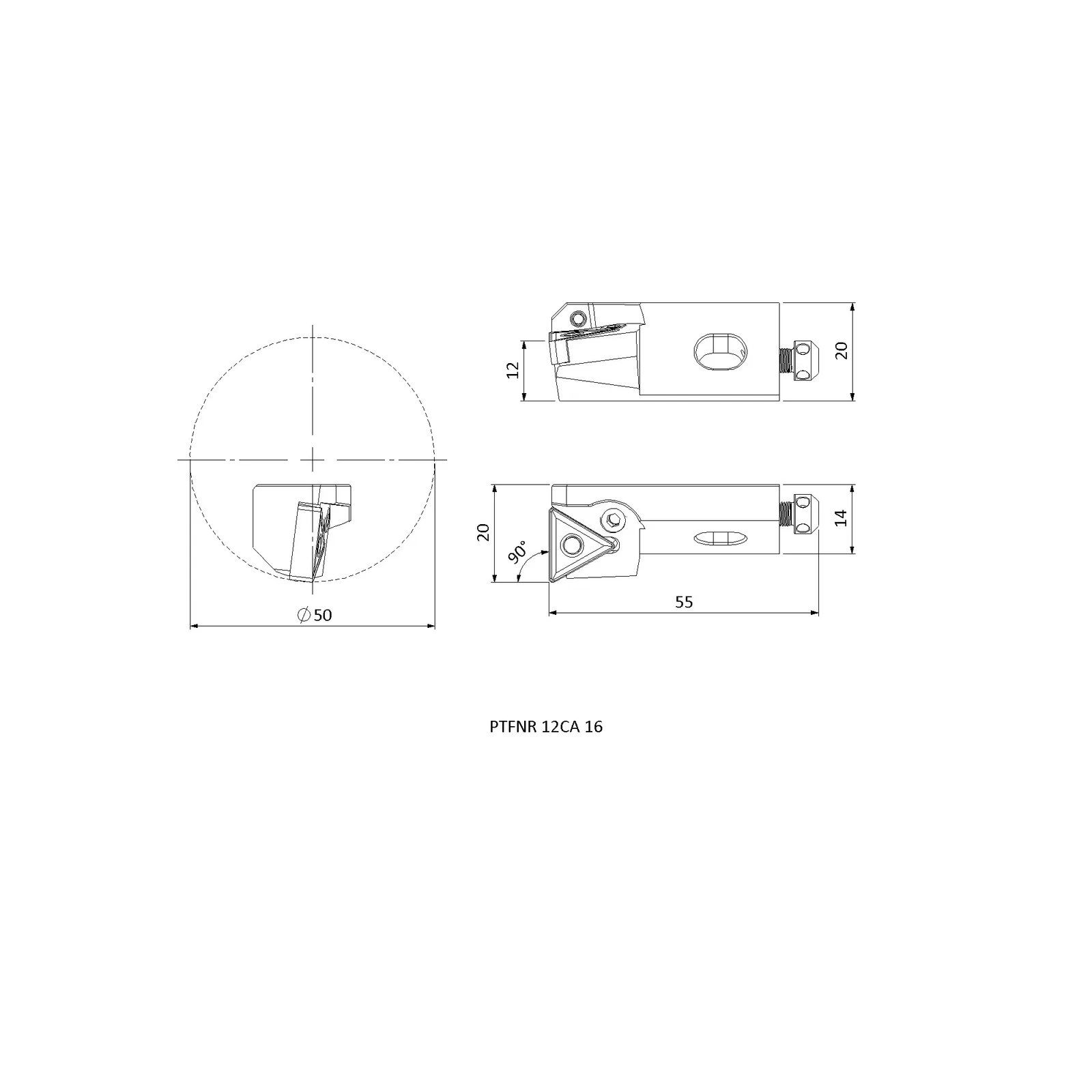 PTFNR 12CA 16 &mdash; dimensioned drawing