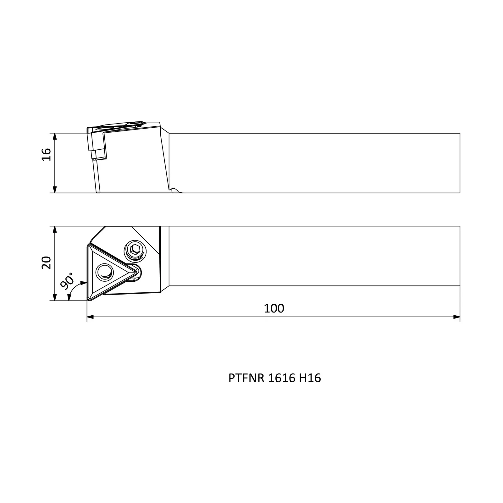 PTFNR 1616 H16 &mdash; dimensioned drawing