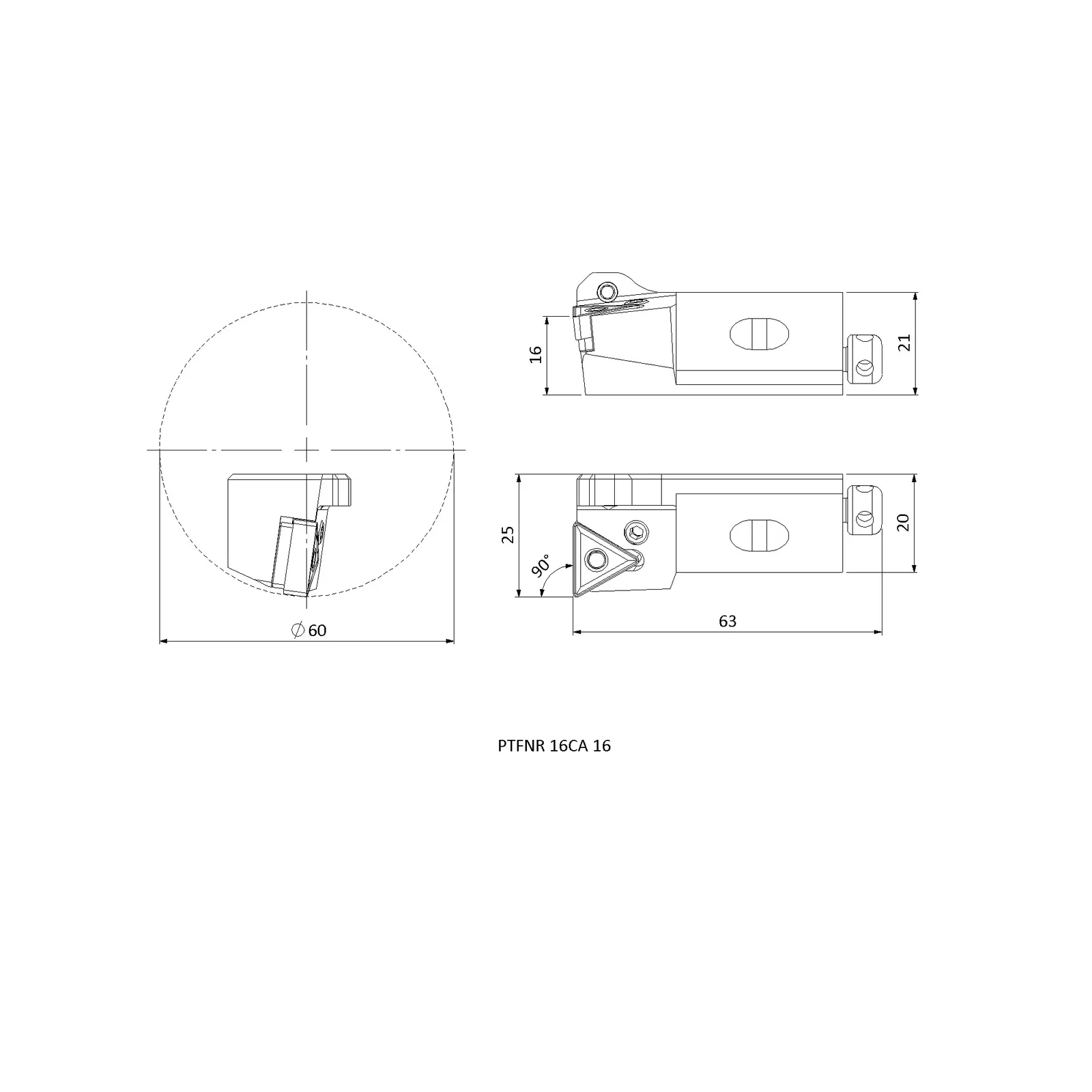 PTFNR 16CA 16 &mdash; dimensioned drawing