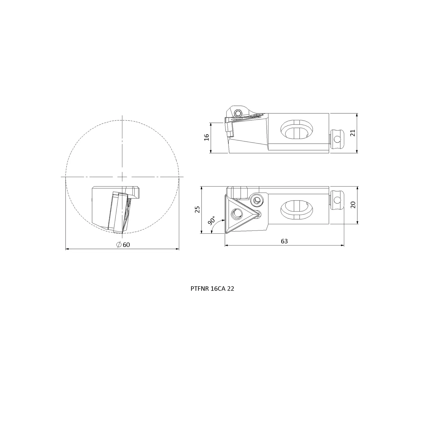 PTFNR 16CA 22 &mdash; dimensioned drawing