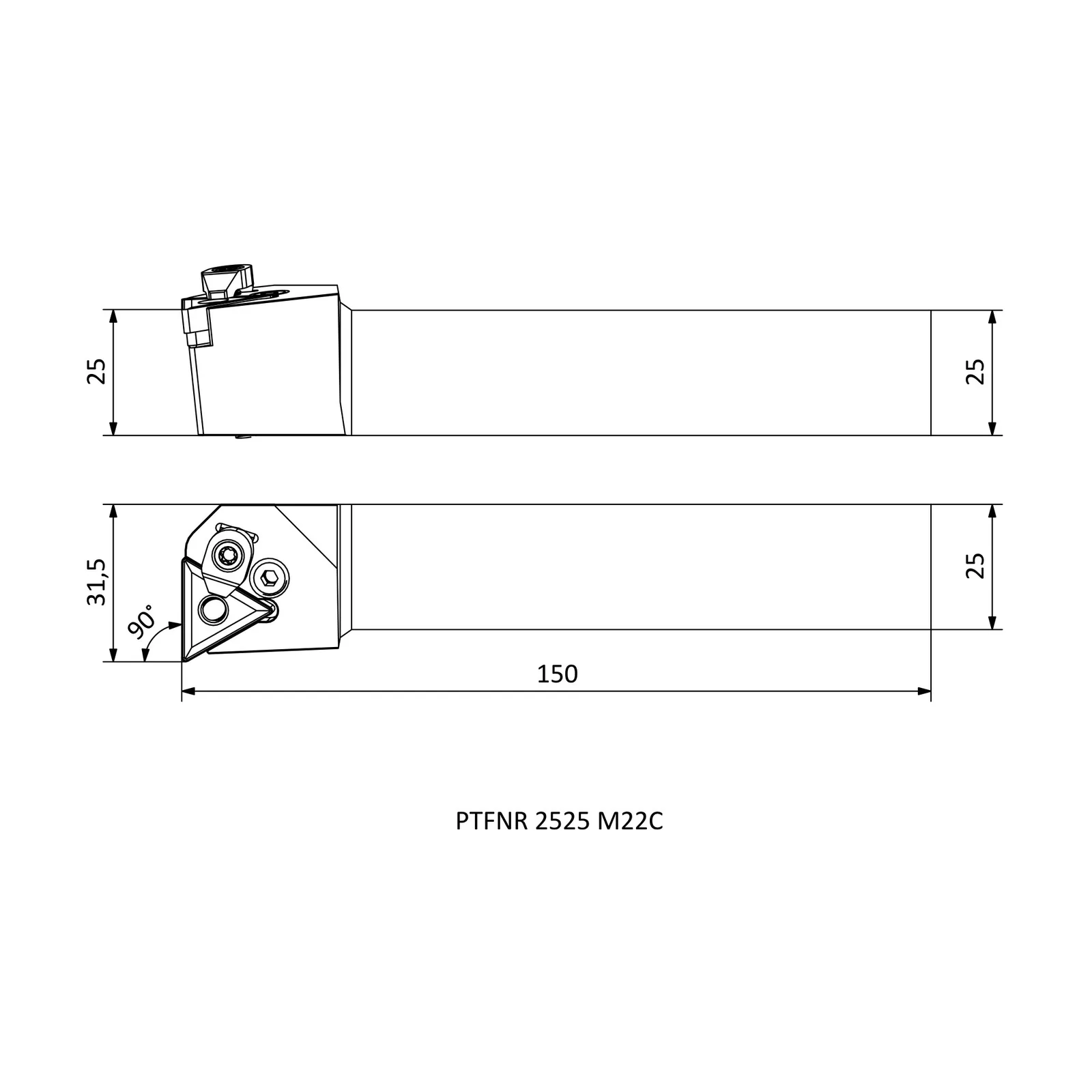 PTFNR 2525 M22C &mdash; dimensioned drawing