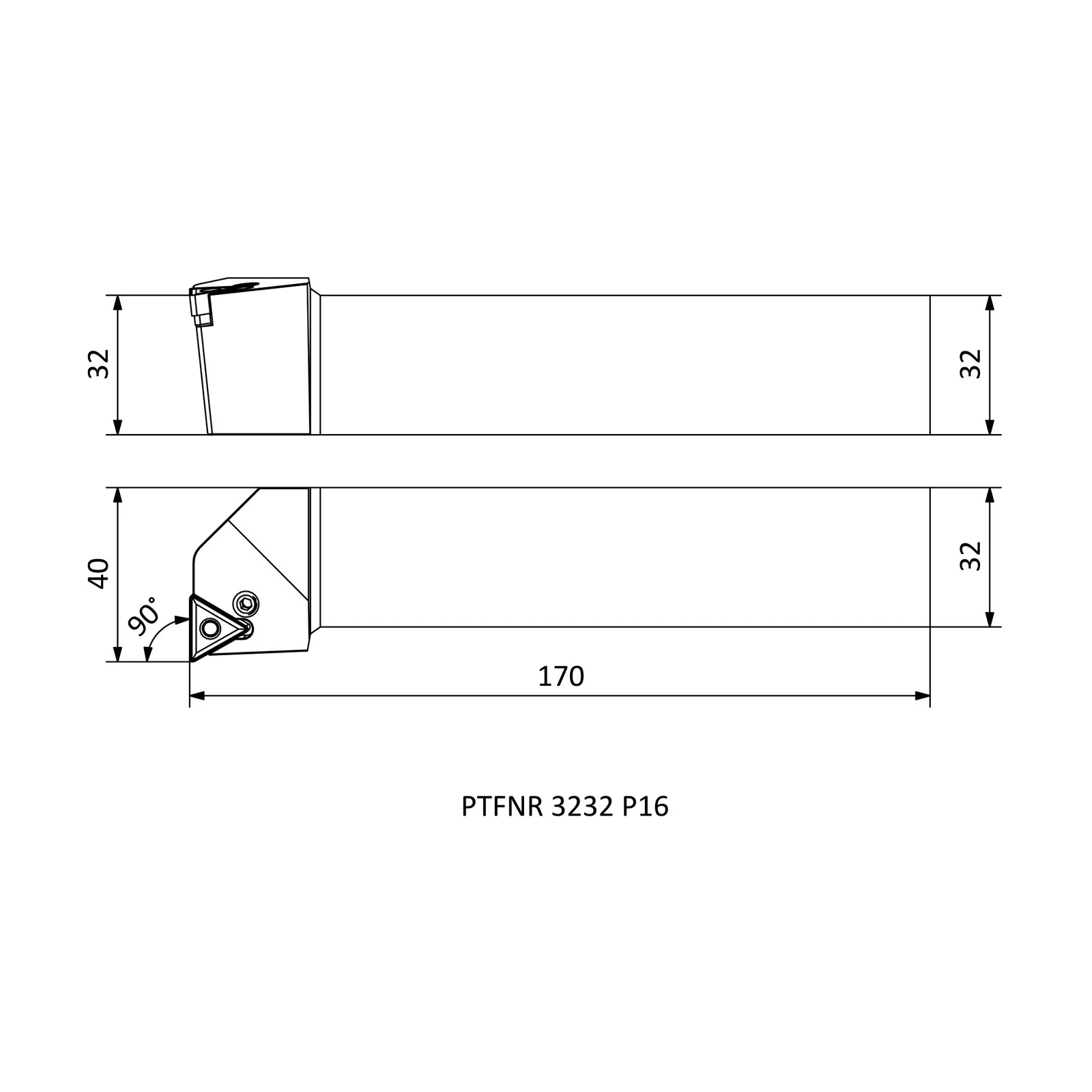 PTFNR 3232 P16 &mdash; dimensioned drawing