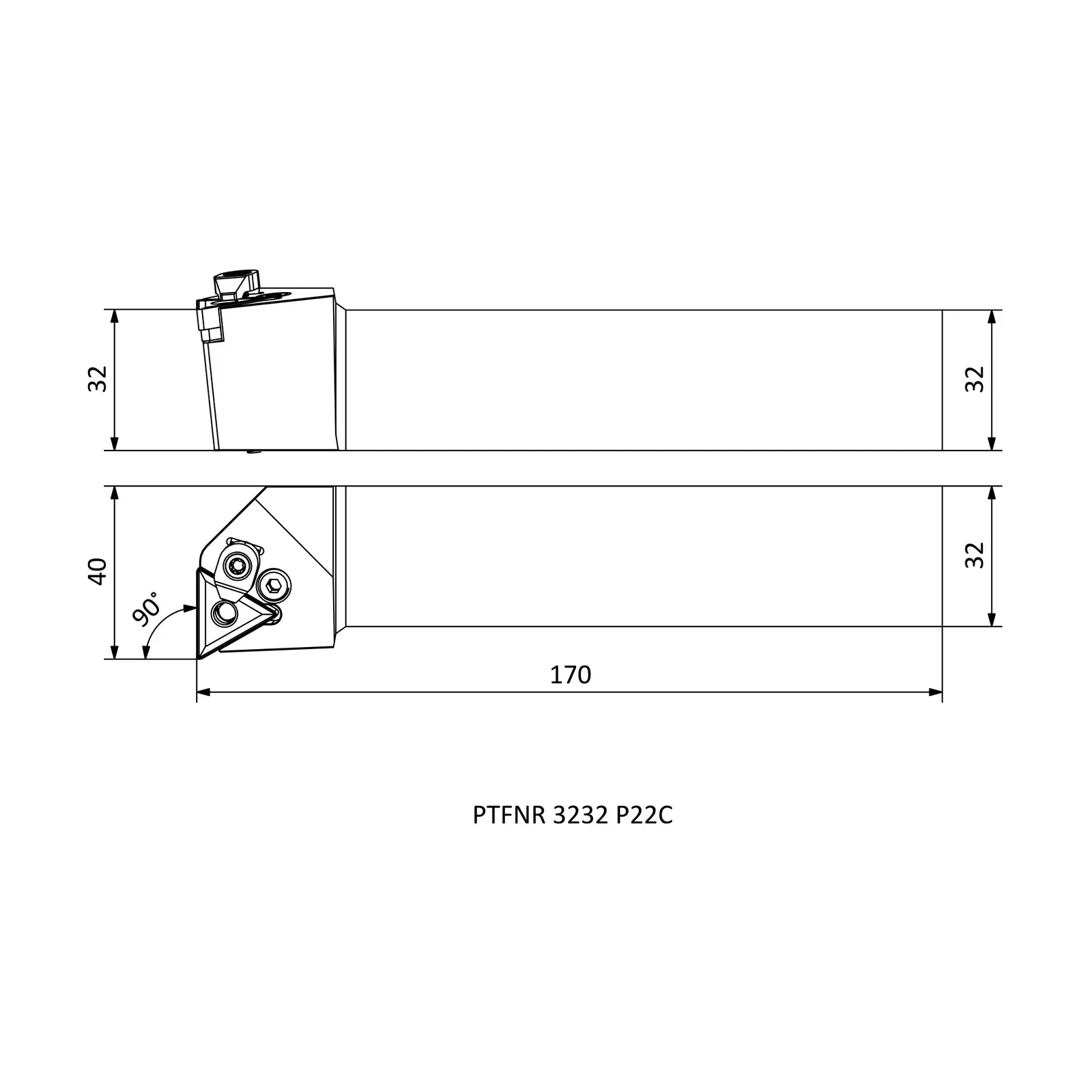 PTFNR 3232 P22C &mdash; dimensioned drawing
