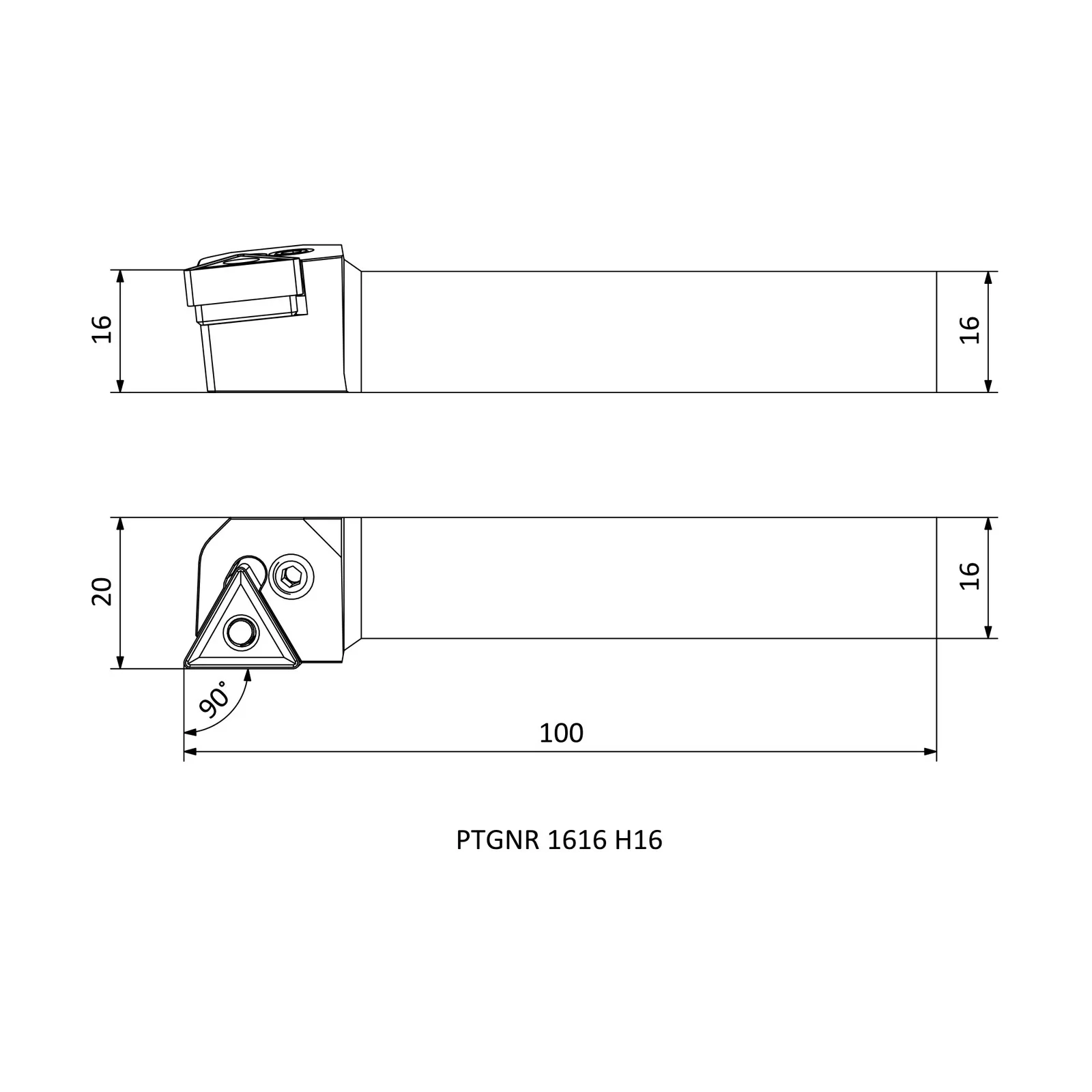 PTGNR 1616 H16 &mdash; dimensioned drawing