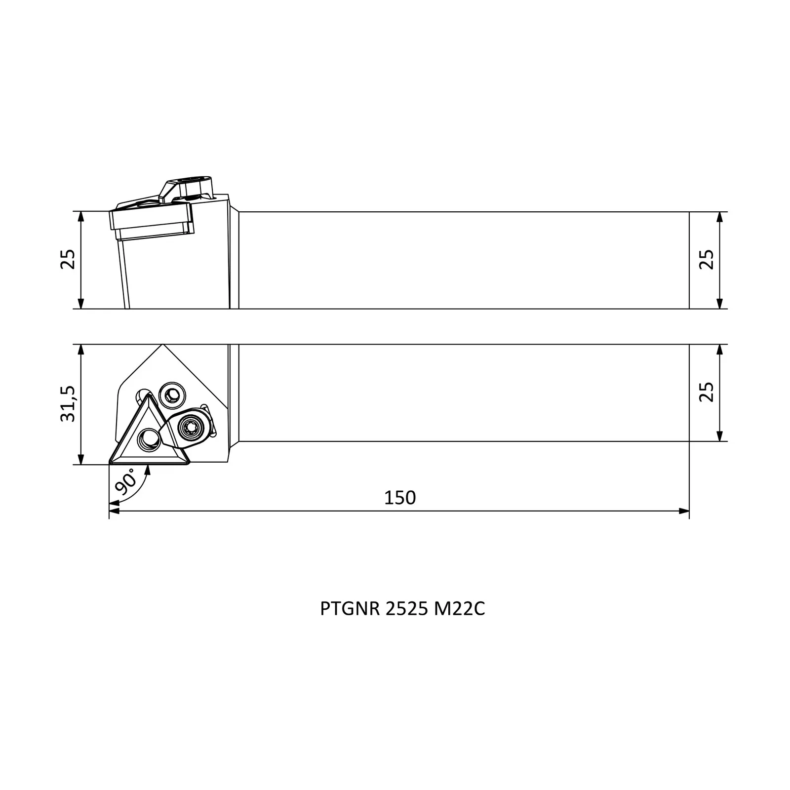 PTGNR 2525 M22C &mdash; dimensioned drawing