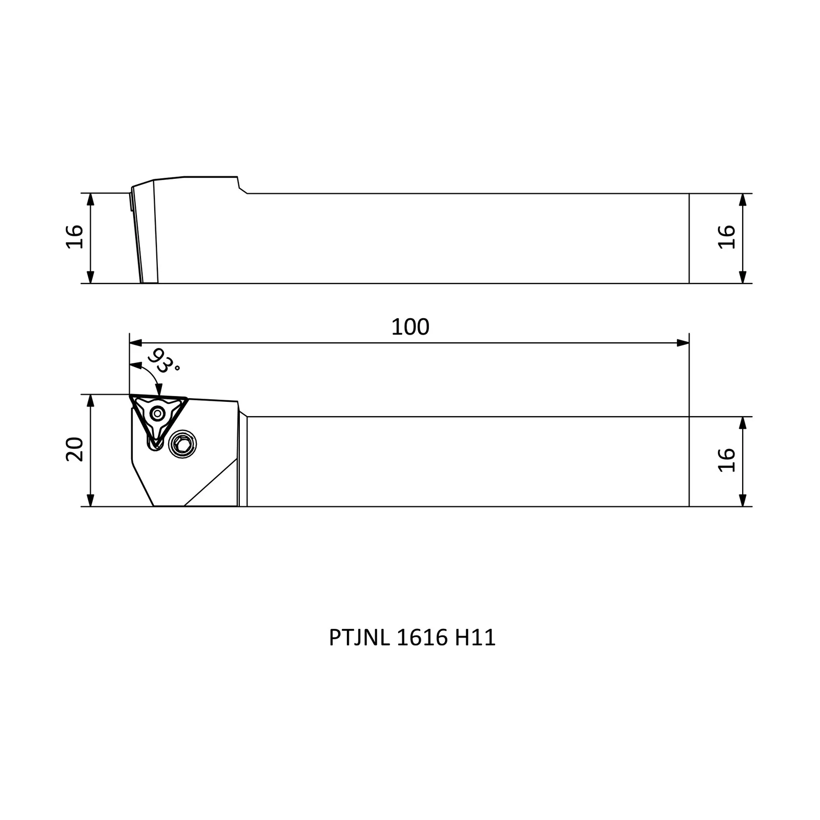 PTJNL 1616 H11 &mdash; dimensioned drawing