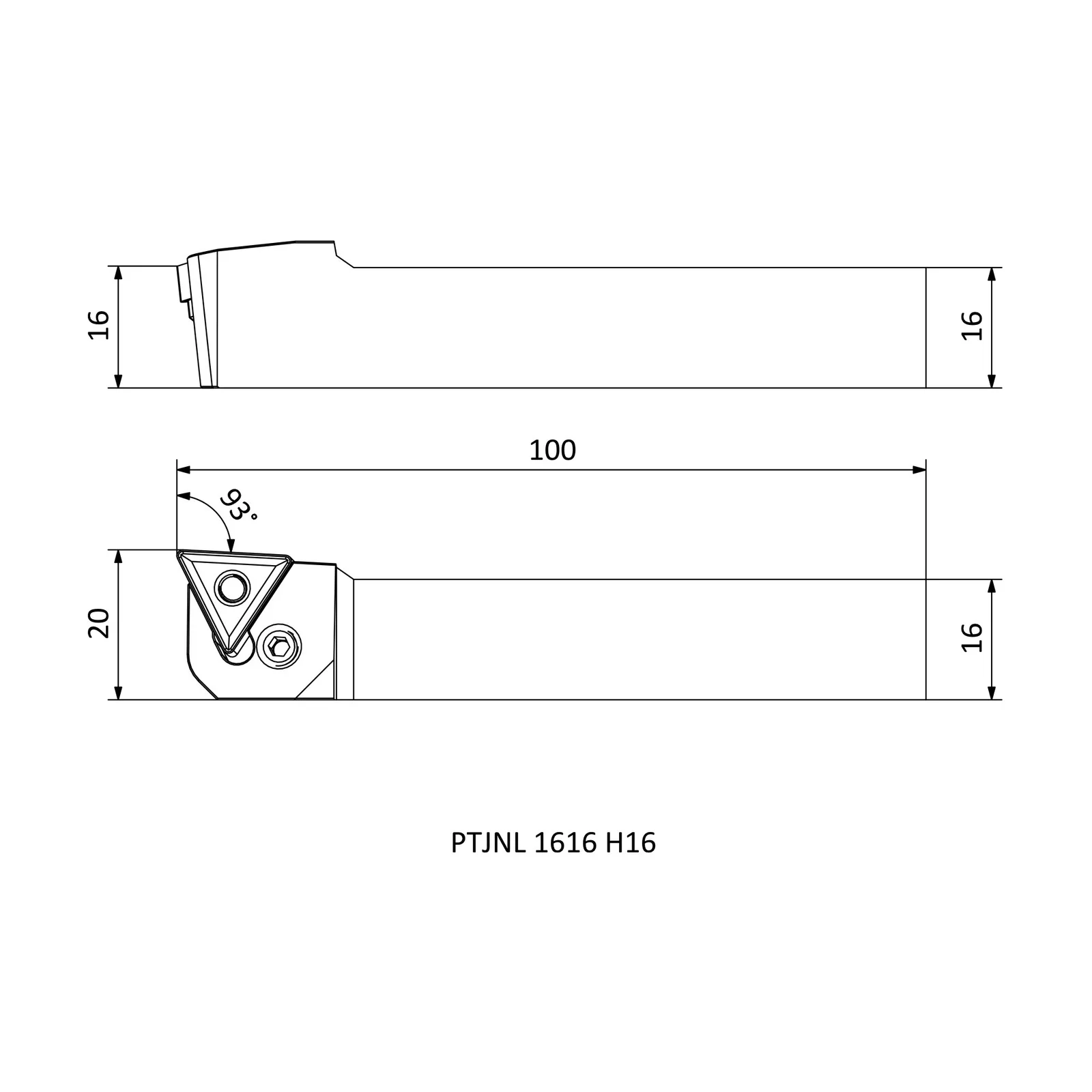 PTJNL 1616 H16 &mdash; dimensioned drawing