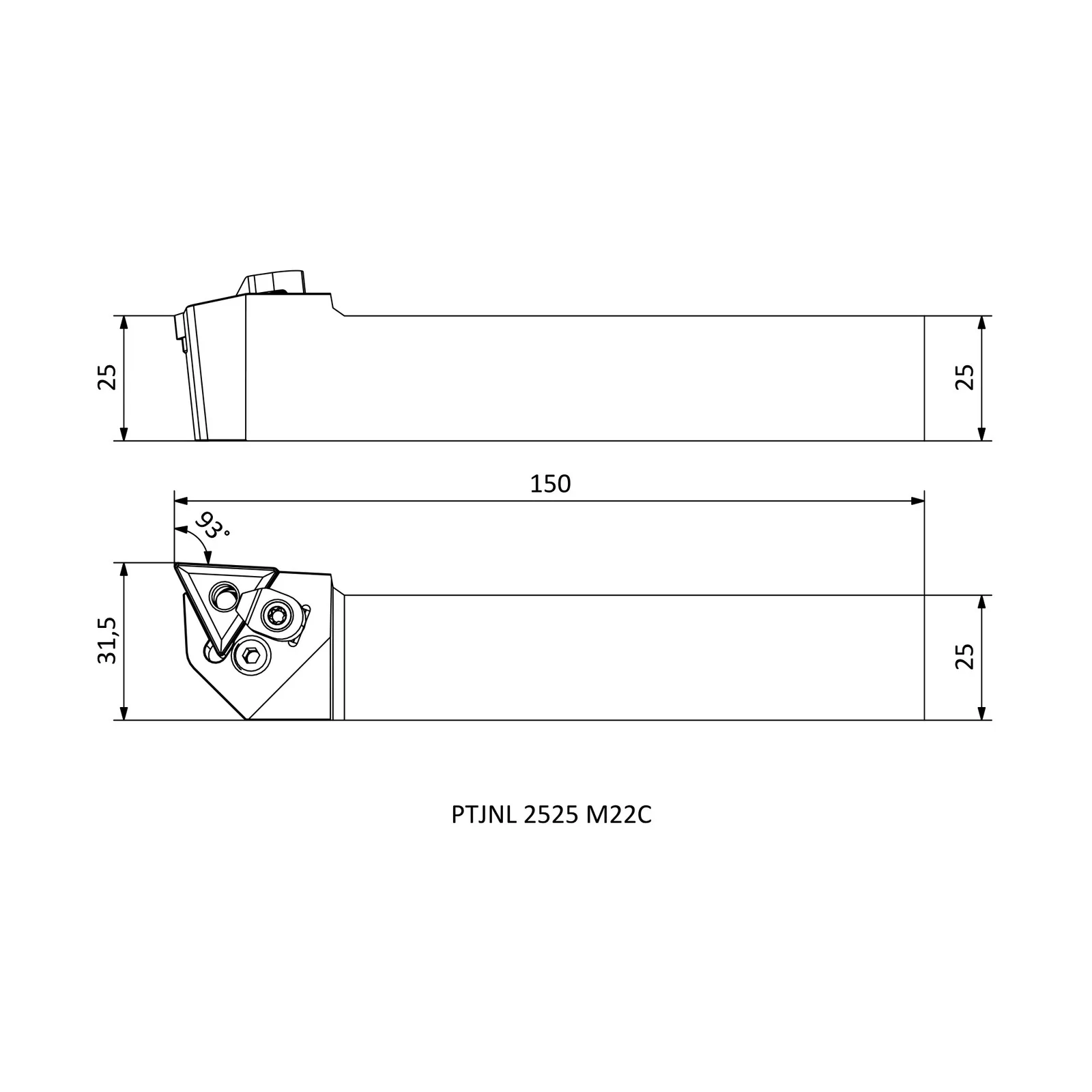 PTJNL 2525 M22C &mdash; dimensioned drawing