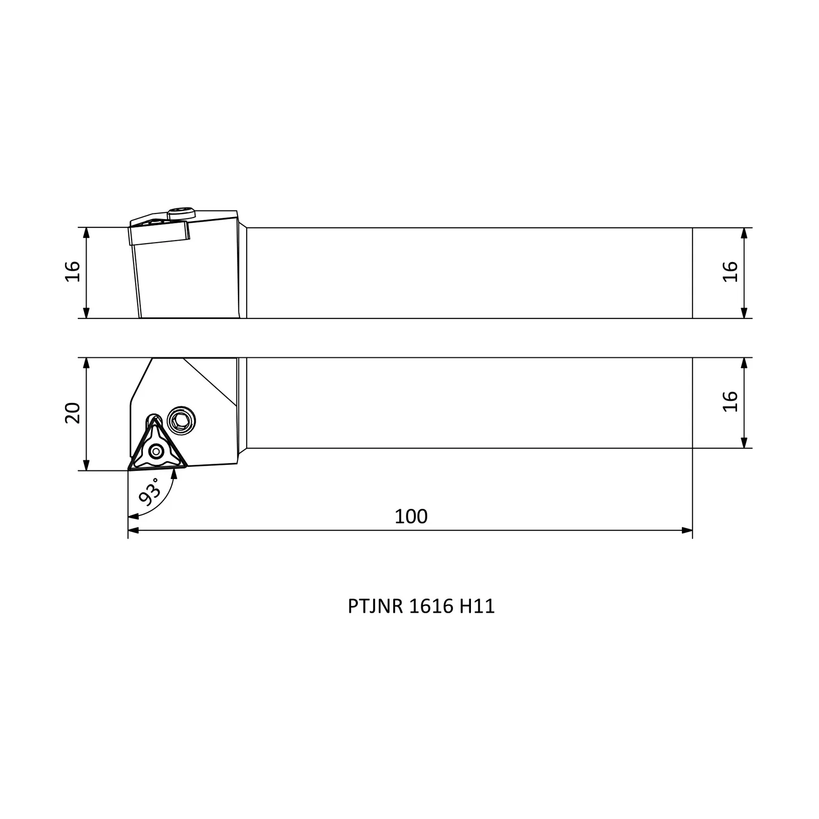 PTJNR 1616 H11 &mdash; dimensioned drawing